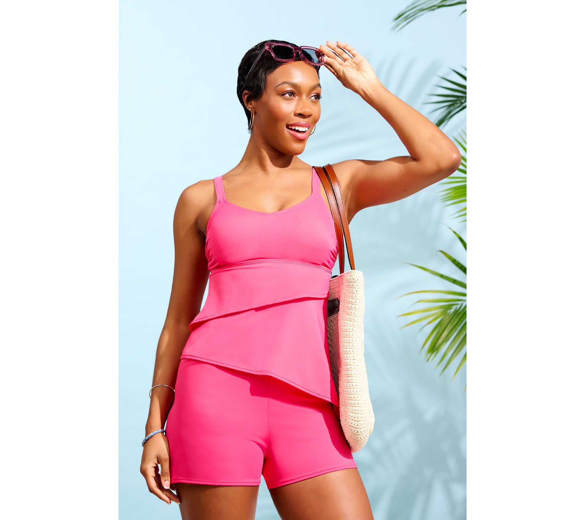 Denim & Co. Beach Asymmetrical Tankini with Swim Shorts 