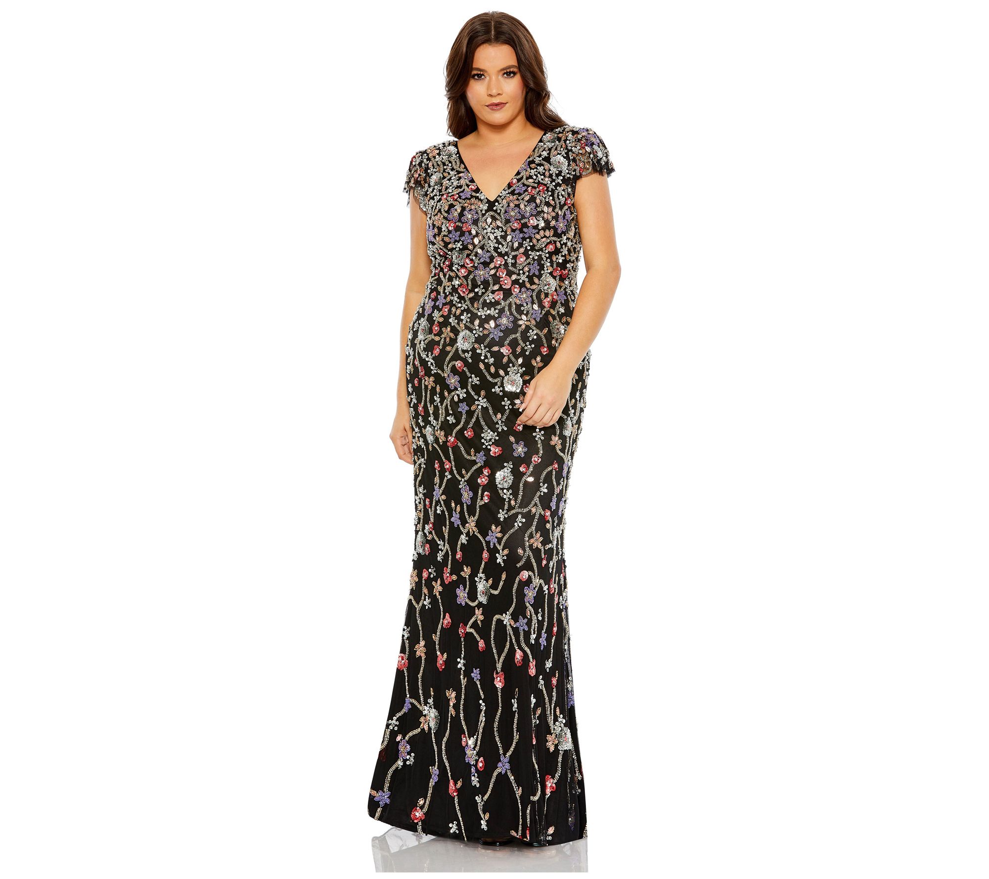 Mac Duggal Embellished Flutter Cap Sleeve Gown - Black Multi - QVC.com