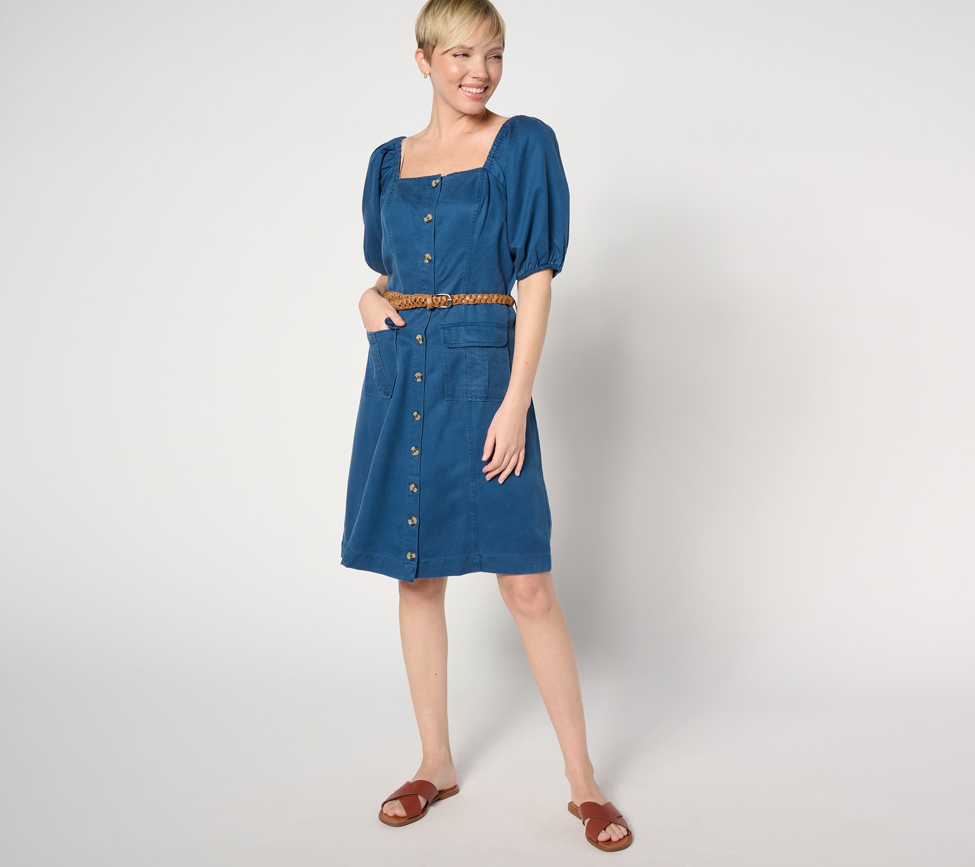 AnyBody Petite Sueded Twill Puff Sleeve Belted Cargo Dress