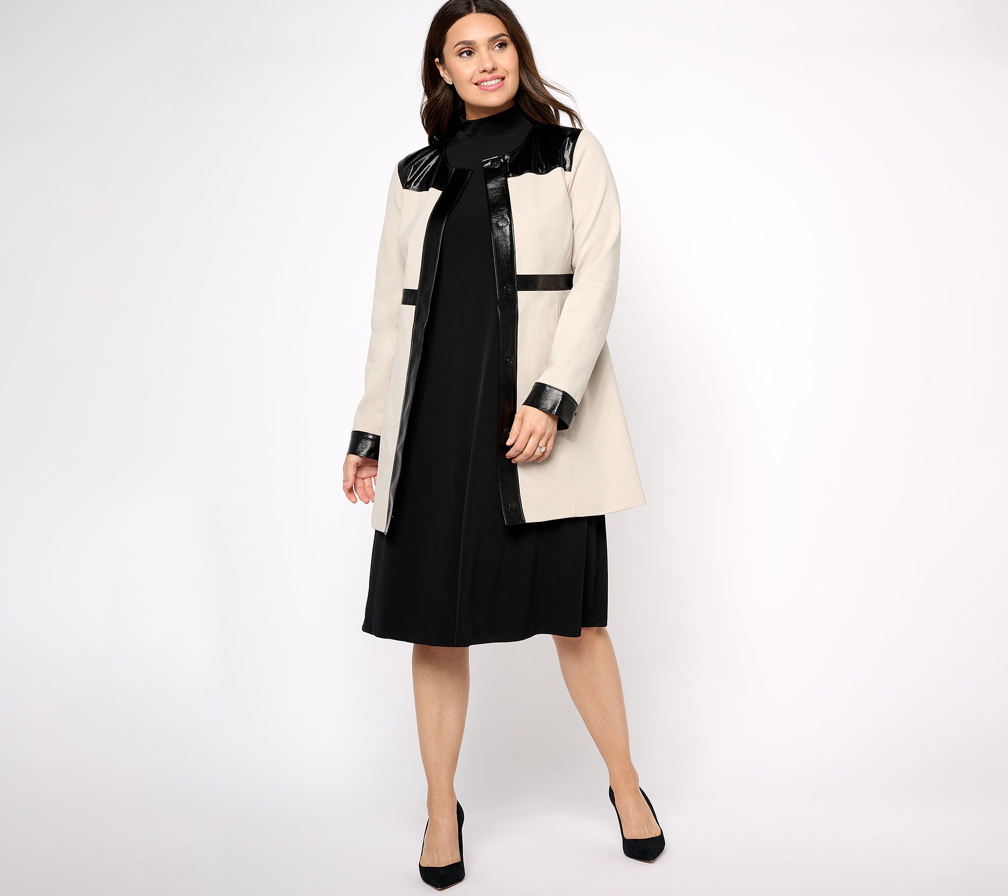 "As Is" Dennis Basso Ponte Topper with Patent Faux Leather Trim