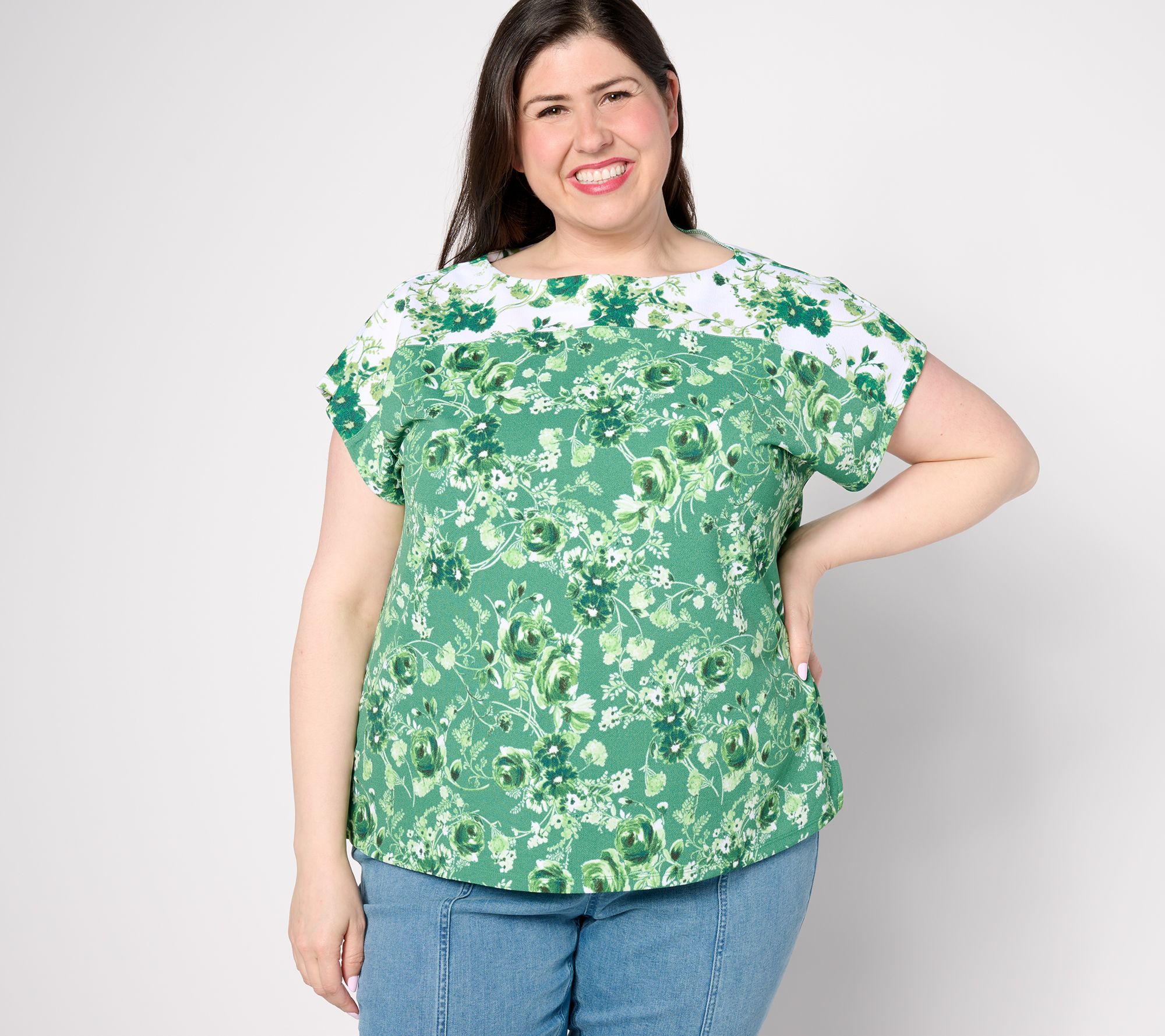 Isaac Mizrahi Live! Duo Printed Pebble Knit Cap Sleeve Top