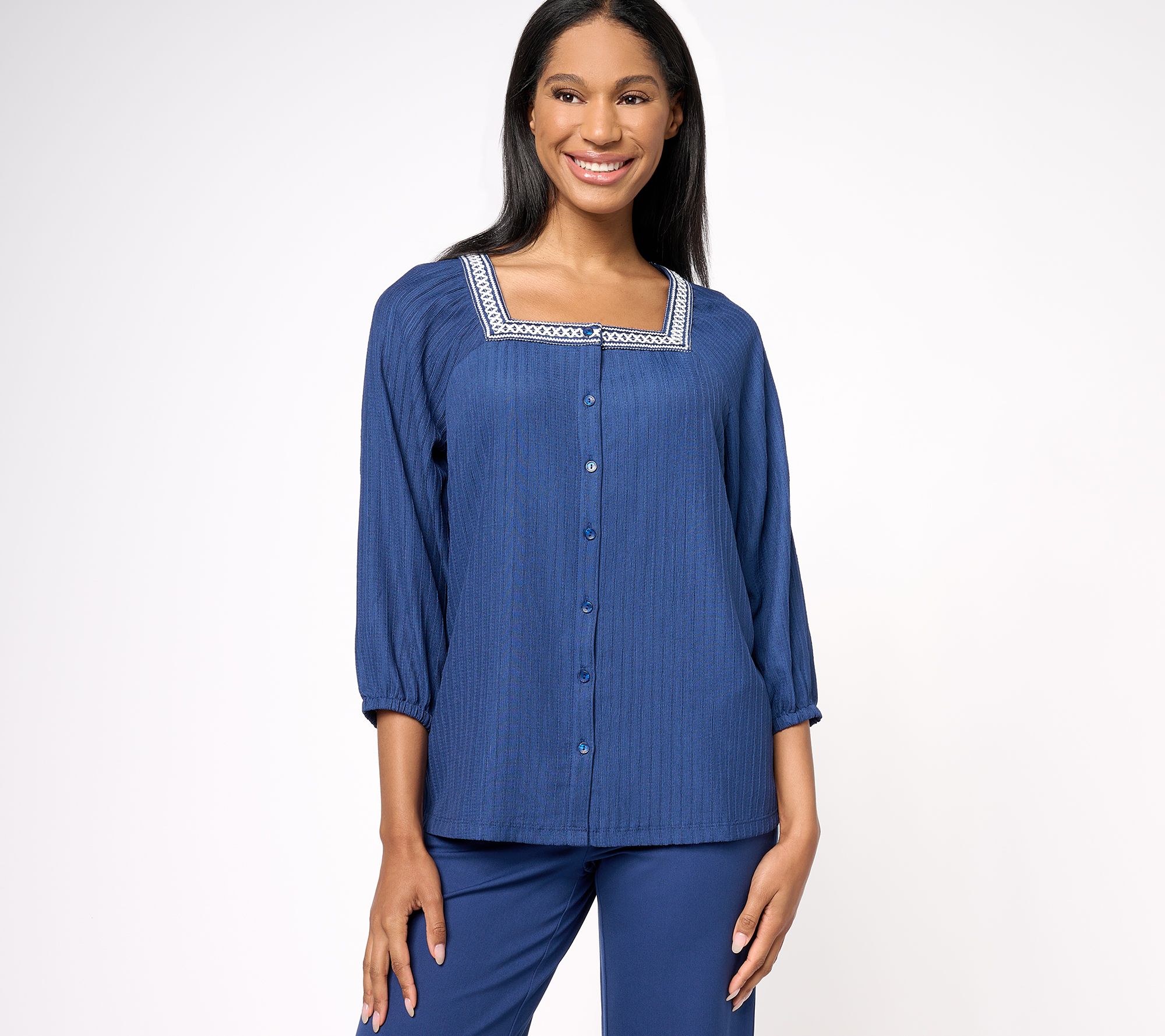 "As Is" Isaac Mizrahi Live! Textured Stretch Woven Button Blouse