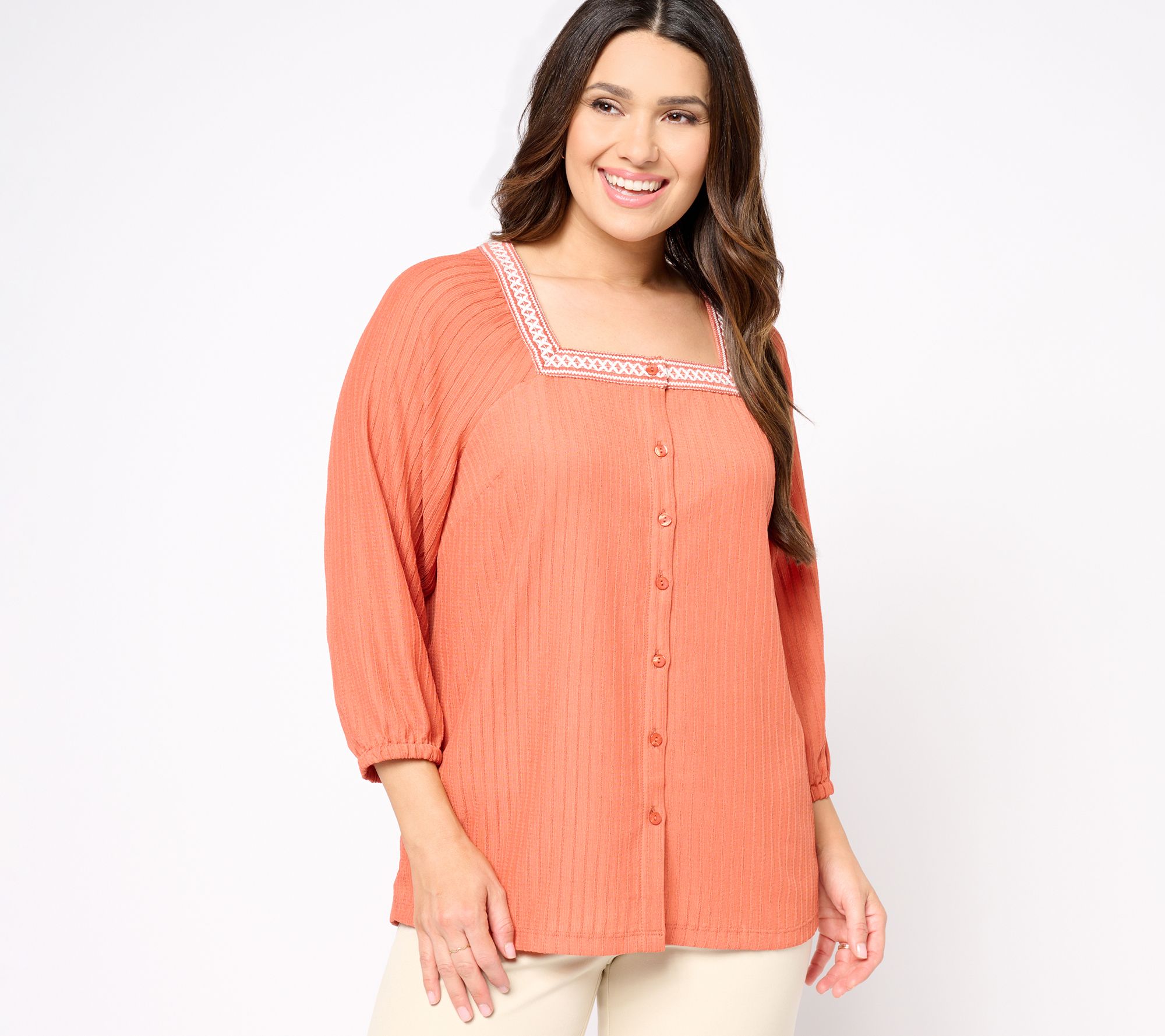 "As Is" Isaac Mizrahi Live! Textured Stretch Woven Button Blouse
