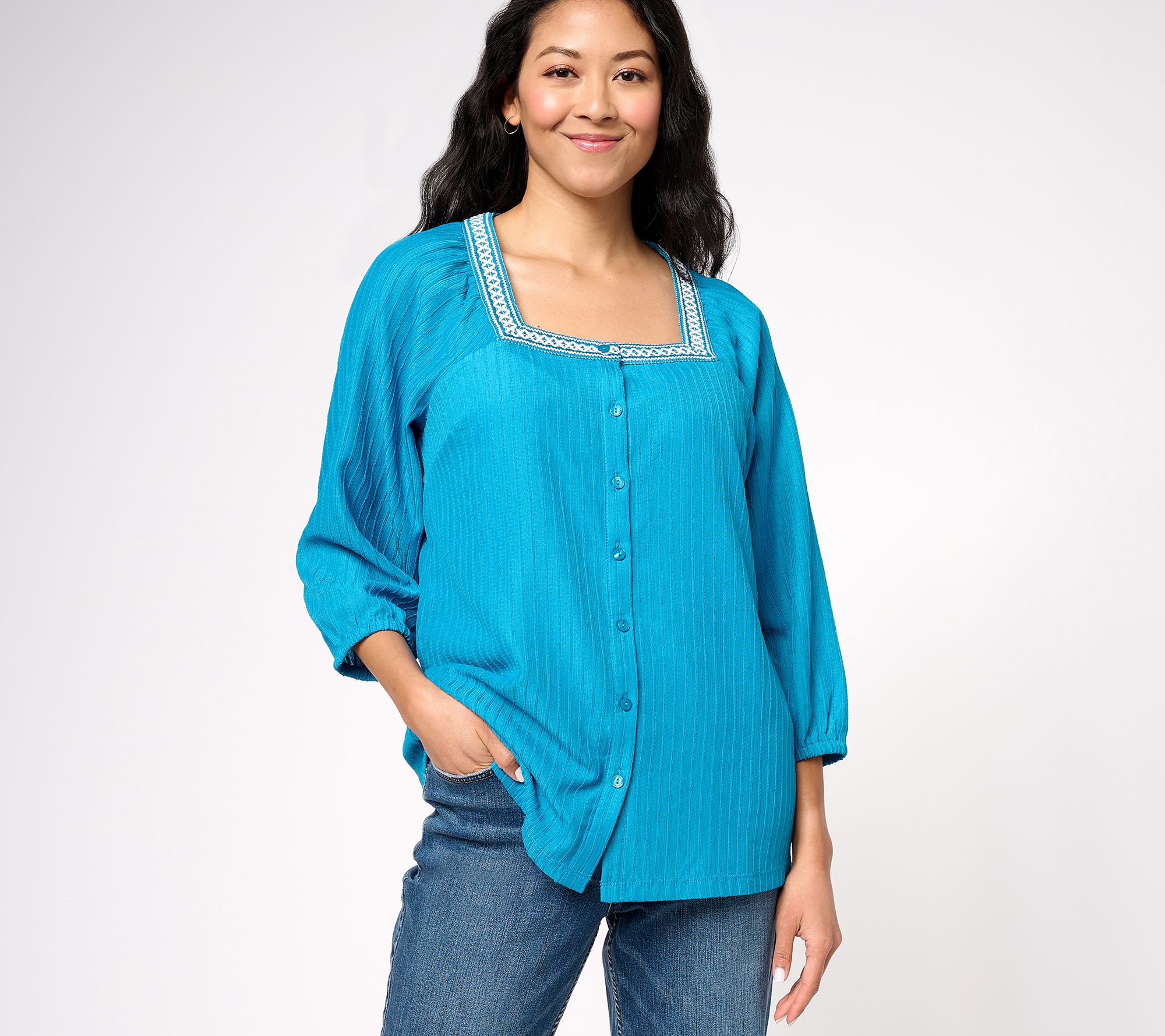 "As Is" Isaac Mizrahi Live! Textured Stretch Woven Button Blouse