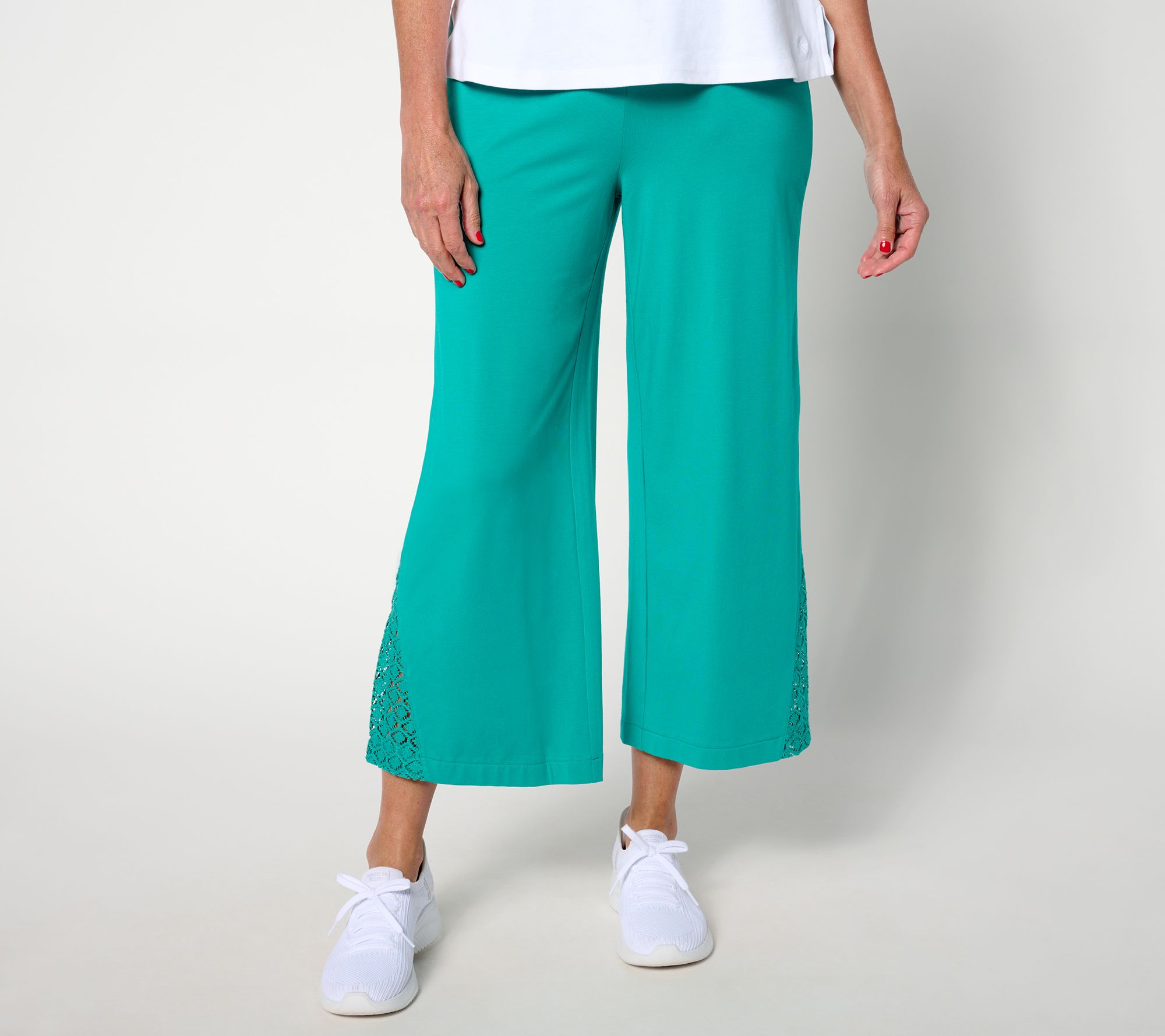 Isaac Mizrahi Live! Regular Knit Wide Leg Crop Pants w/ Crochet Trim