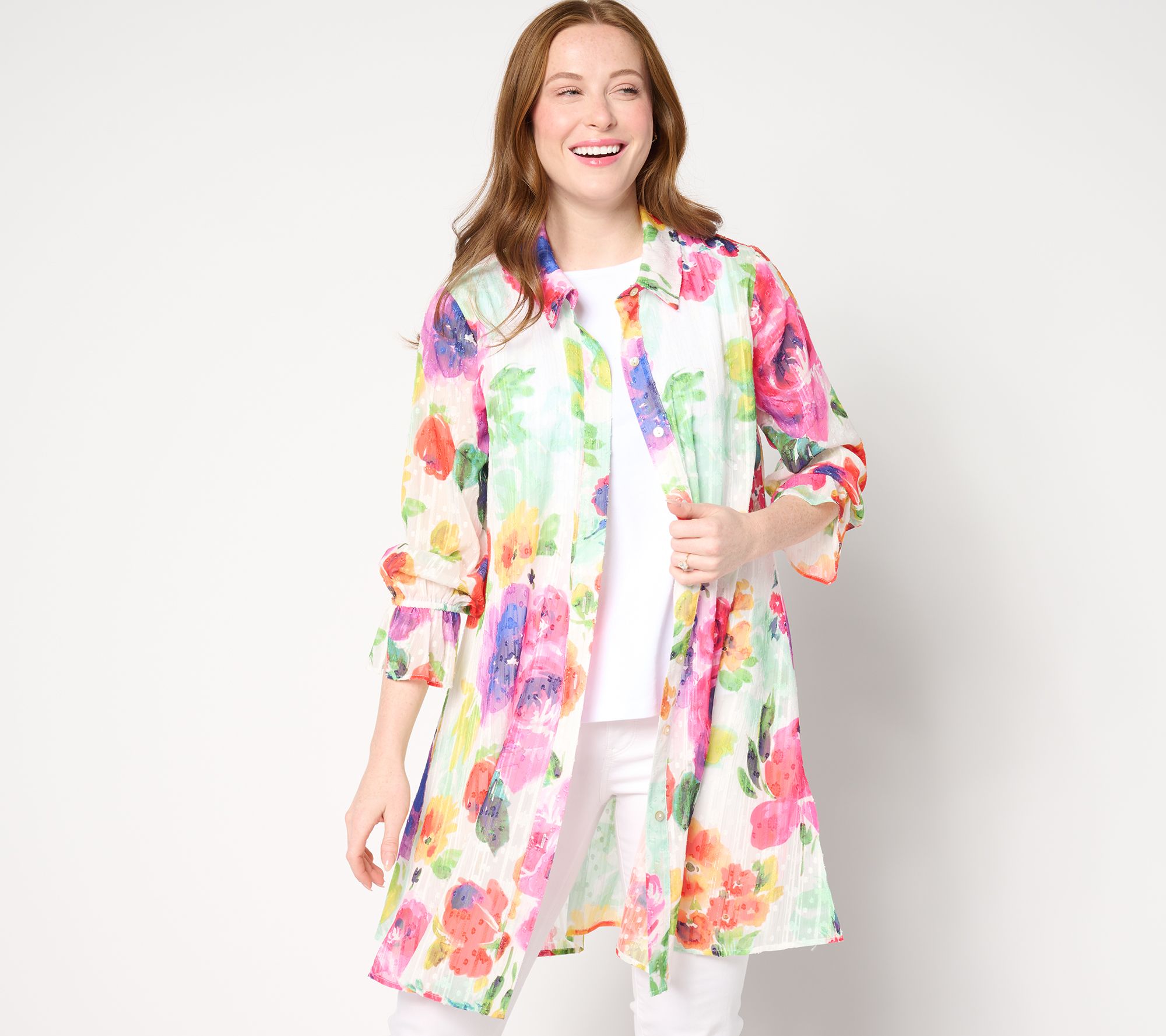 Susan Graver Reg_Printed Woven_Clip Jacquard Button Front Duster