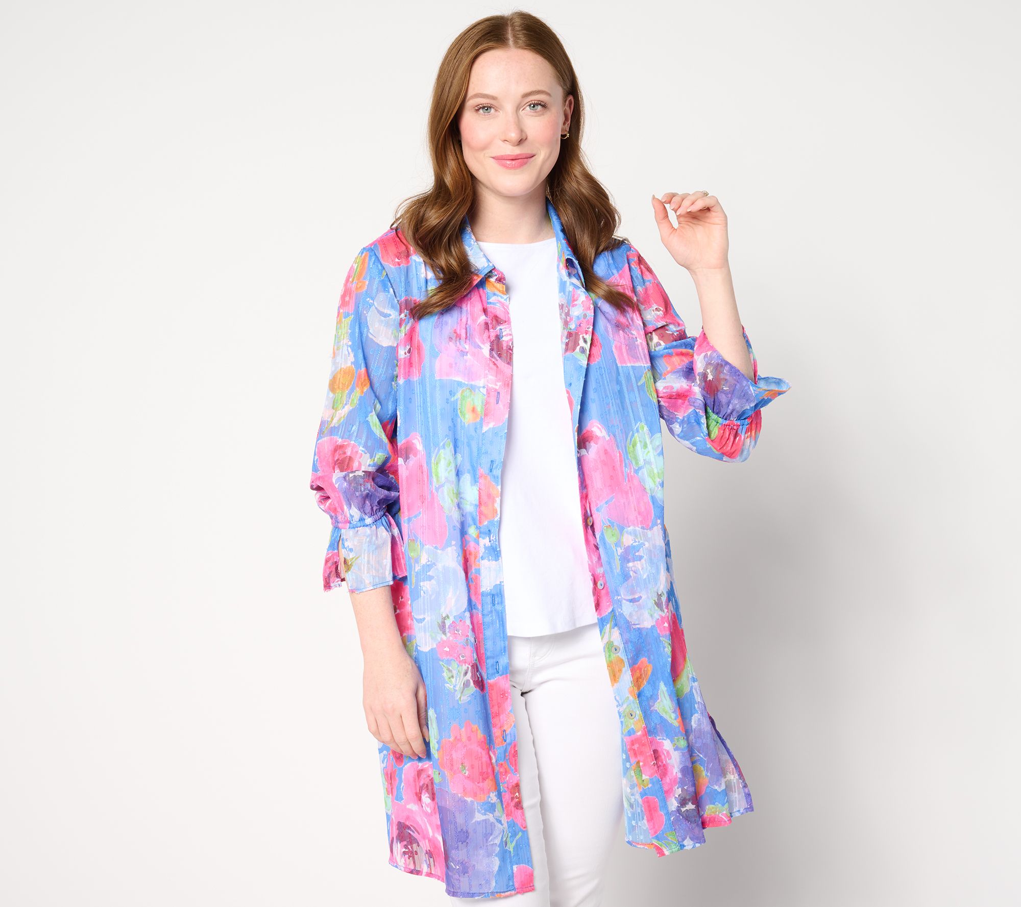 Susan Graver Reg_Printed Woven_Clip Jacquard Button Front Duster
