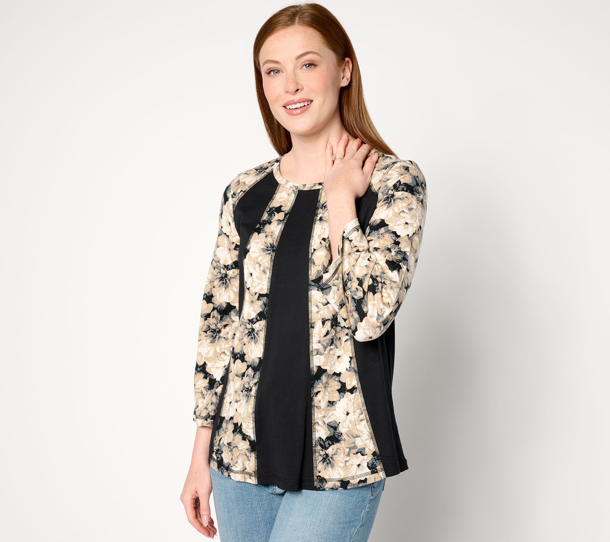 LOGO by Lori Goldstein Print and Solid Mix Scoop Neck Top