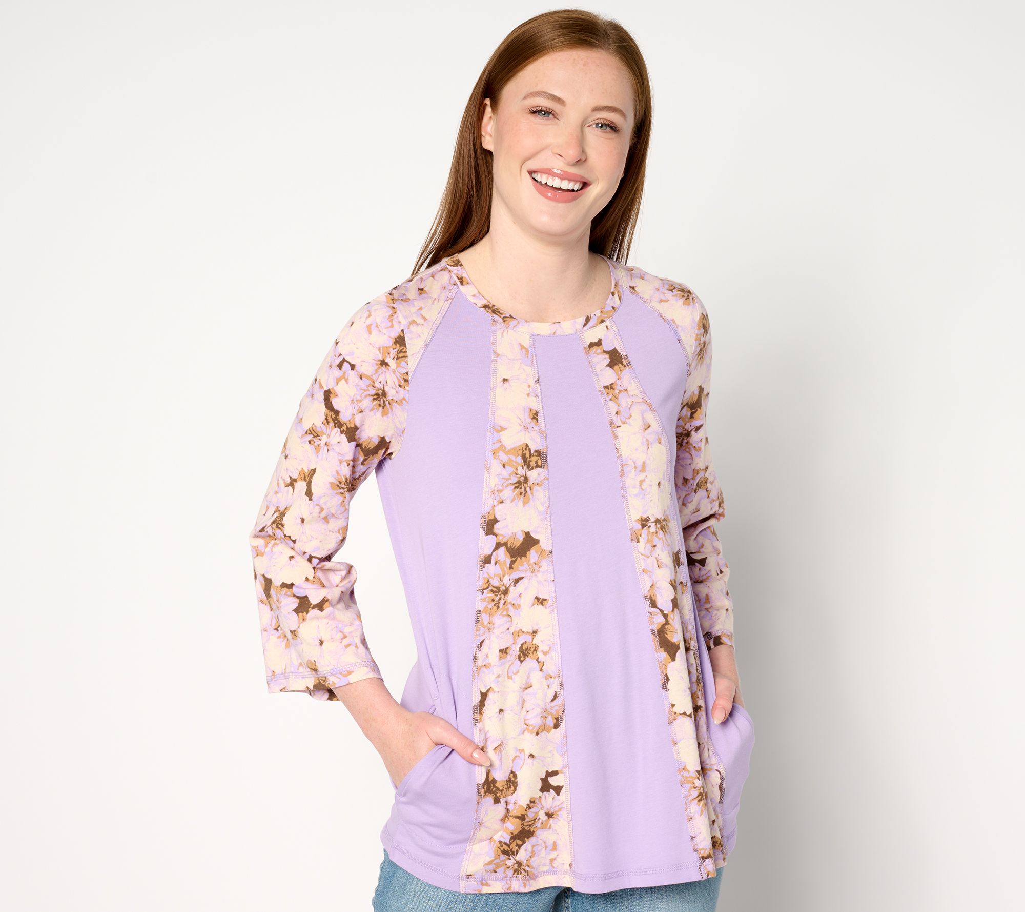 LOGO by Lori Goldstein Print and Solid Mix Scoop Neck Top