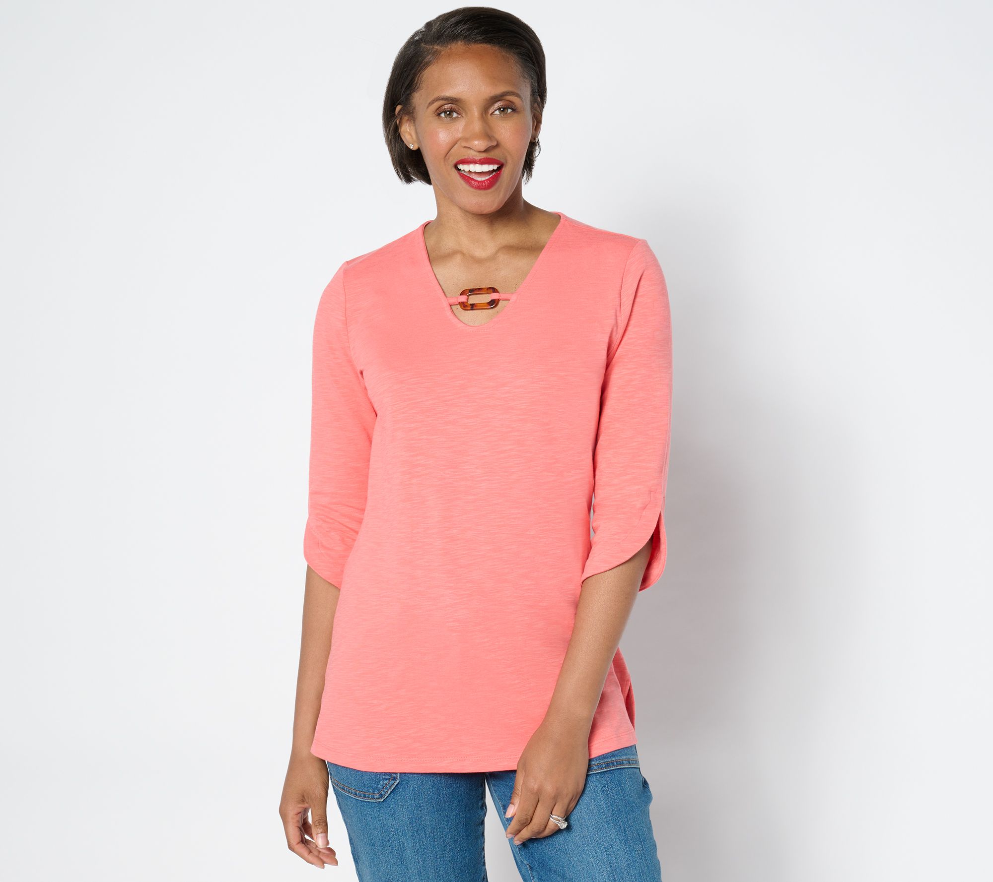 Denim & Co. Texture Knit 3/4-Sleeve Tunic w/ Tortoise Detail