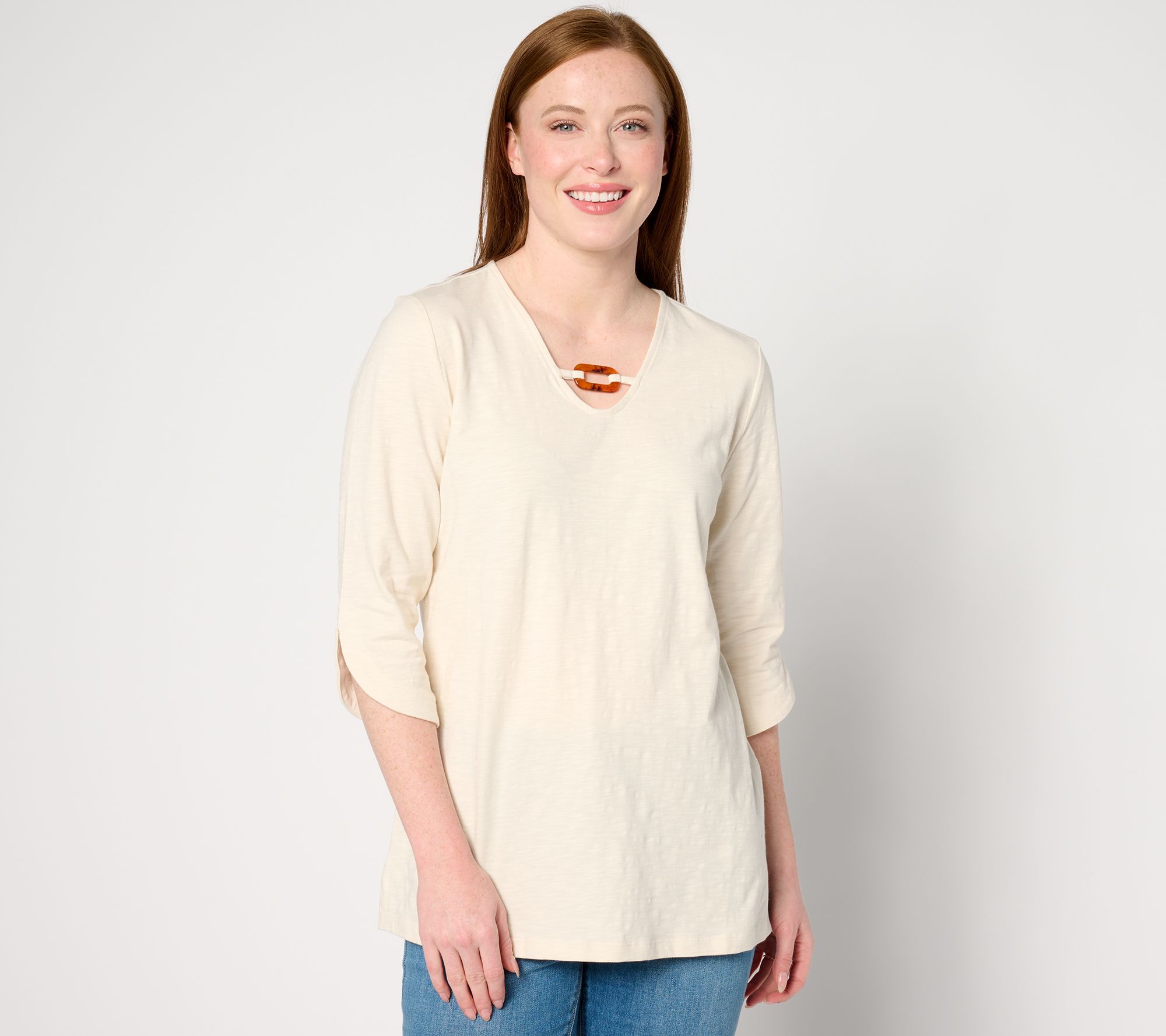 Denim & Co. Texture Knit 3/4-Sleeve Tunic w/ Tortoise Detail