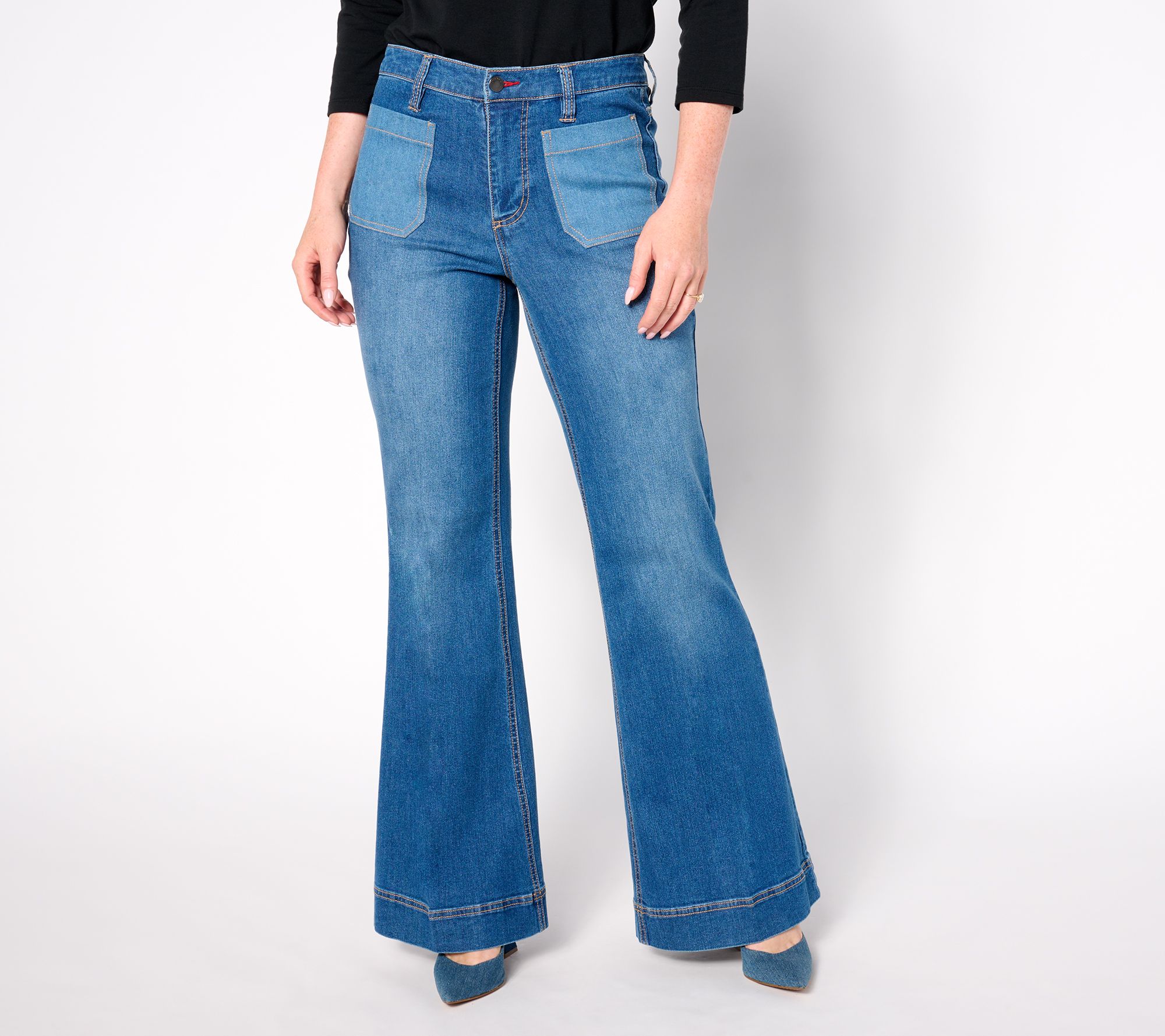 Peace Love World Petite Patch Pocket Flare Jeans - Denim