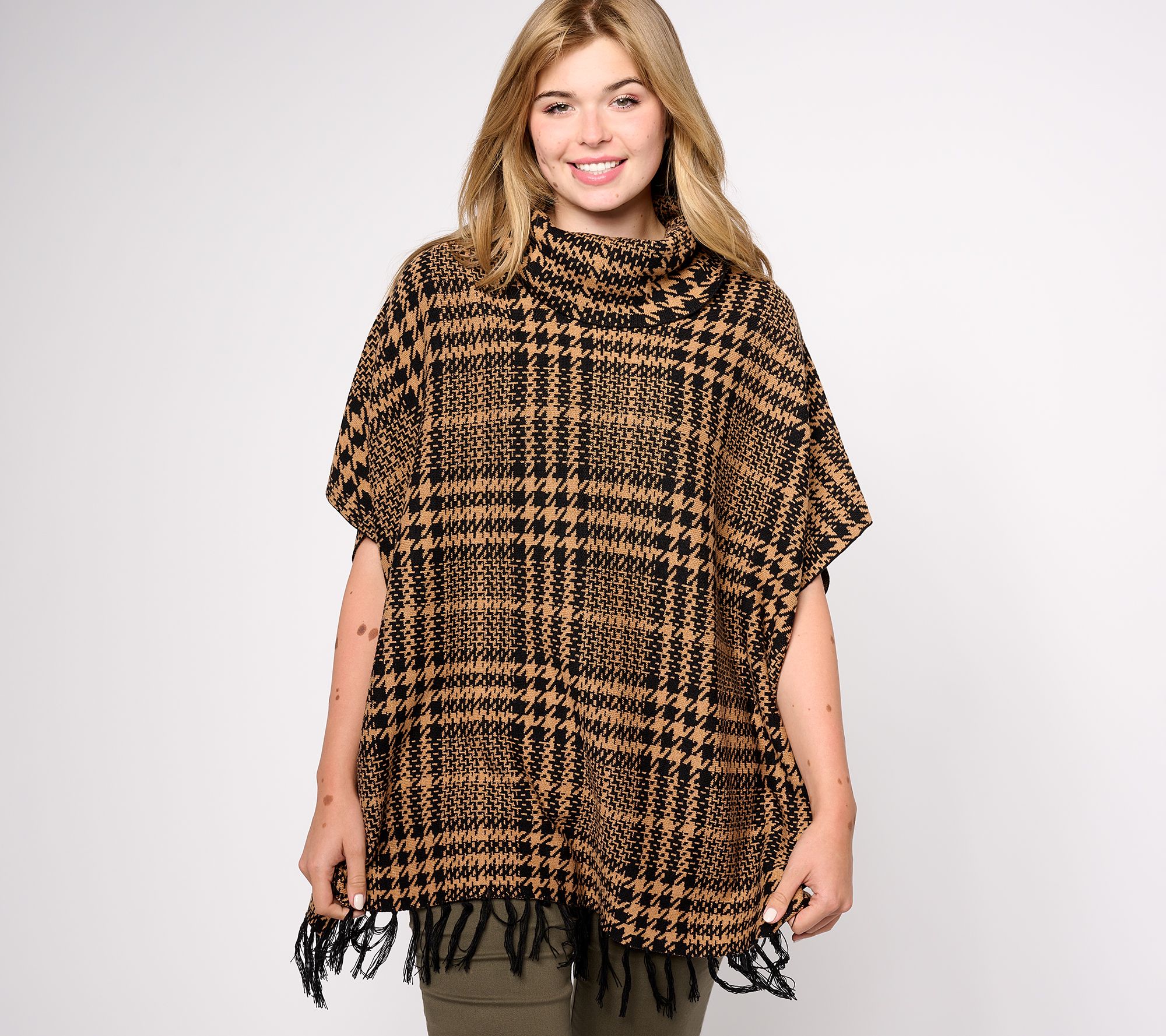 "As Is" Denim & Co. Plaid Jacquard Cowl Neck Poncho with Fringe Hem
