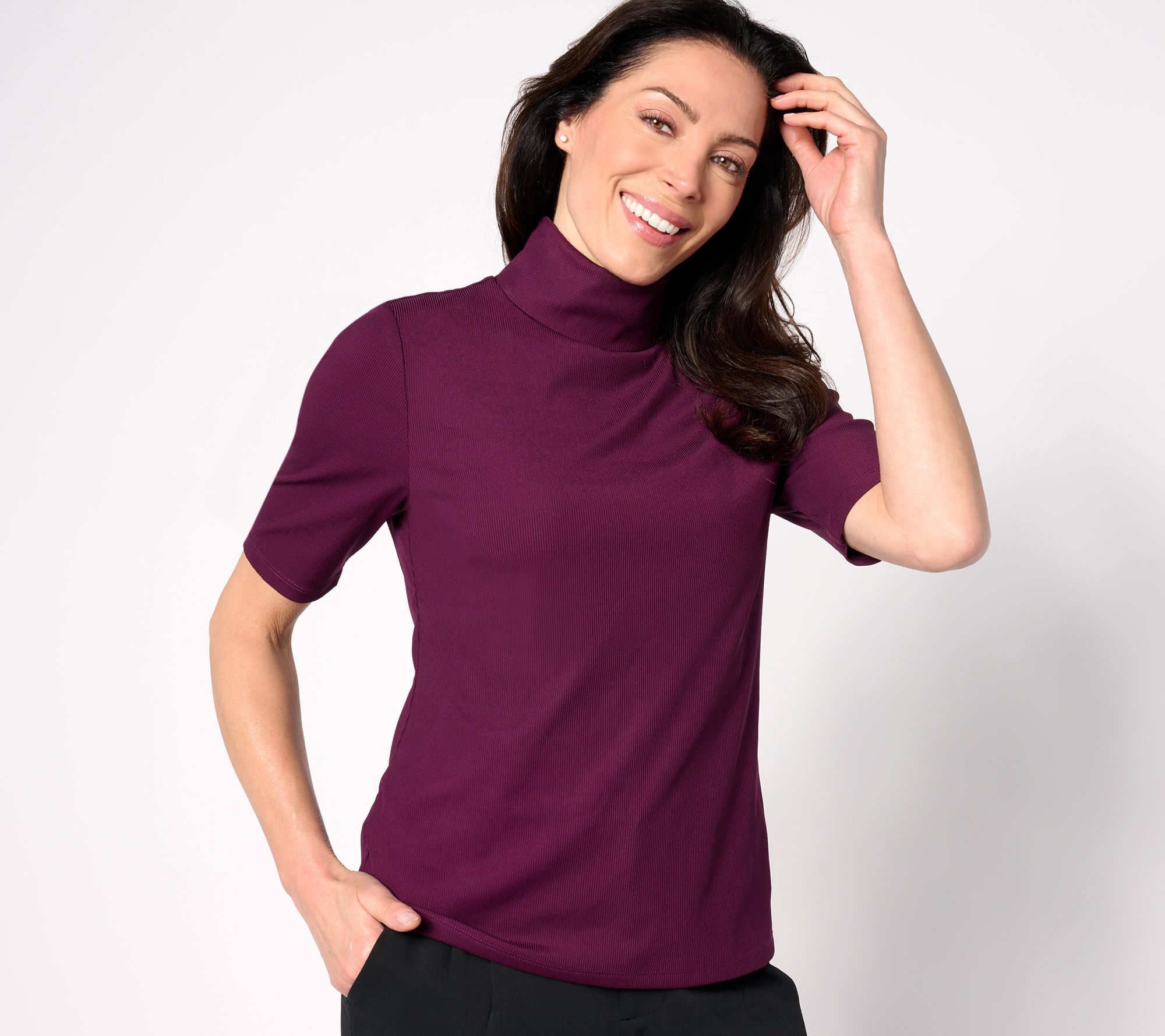 "As Is" BEAUTIFUL by Lawrence Zarian SS Rib-Knit Turtleneck Top