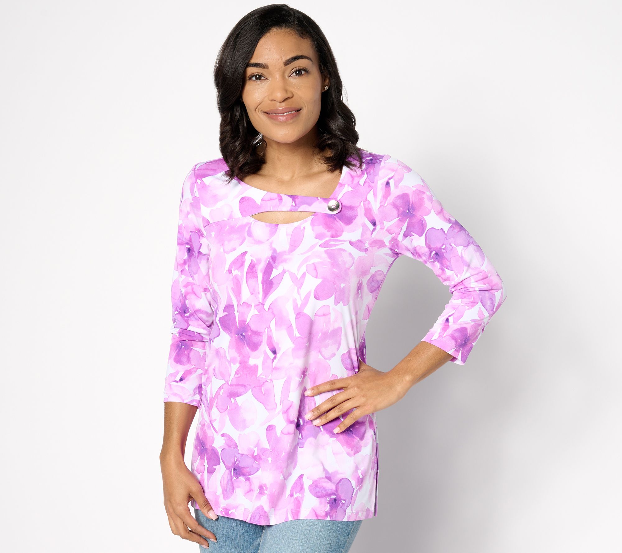 As Is Susan Graver Regular Printed Liquid Knit Tunic With Cutout