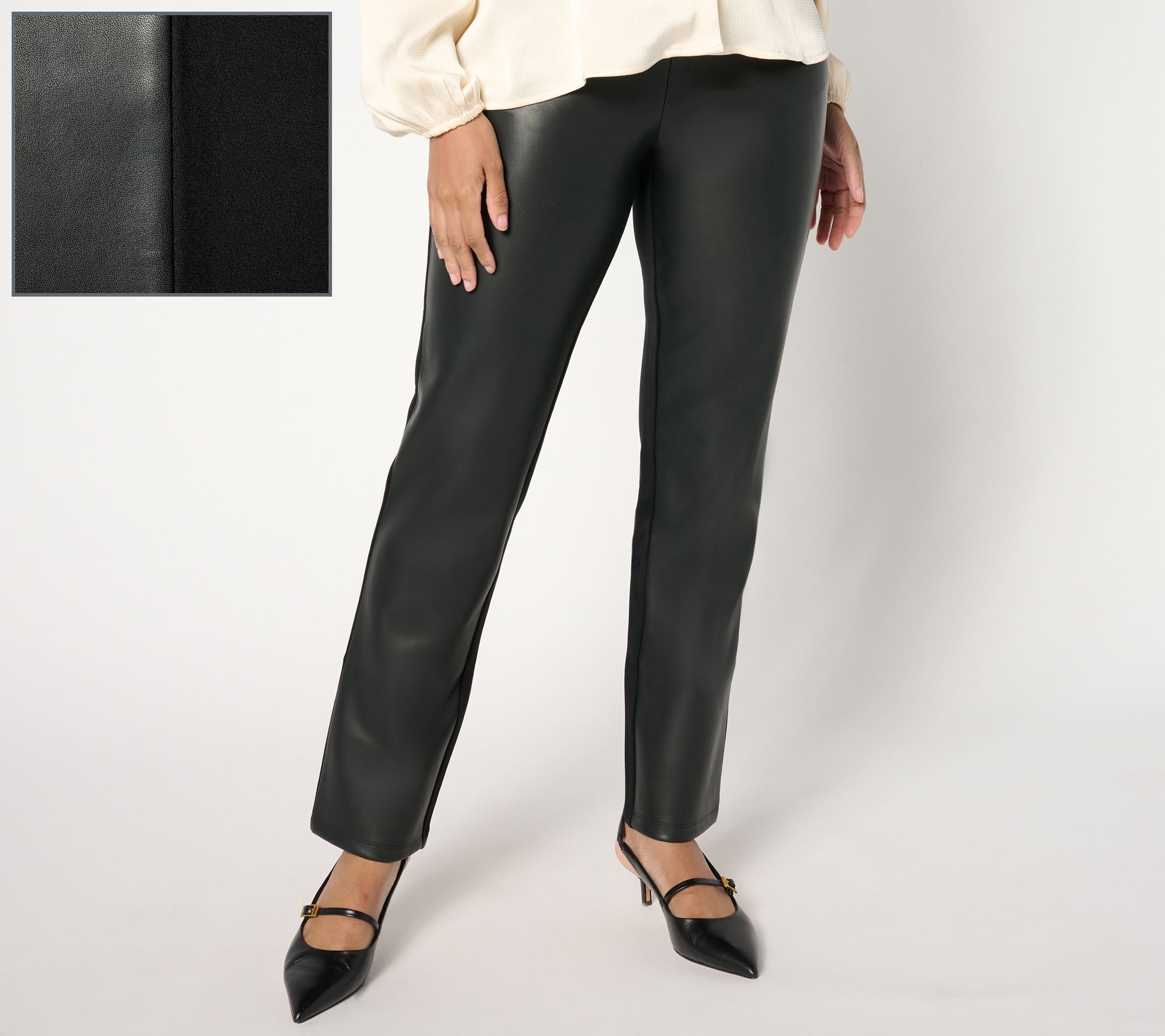 Belle by Kim Gravel Petite Faux Leather Front, Ponte Back Pant