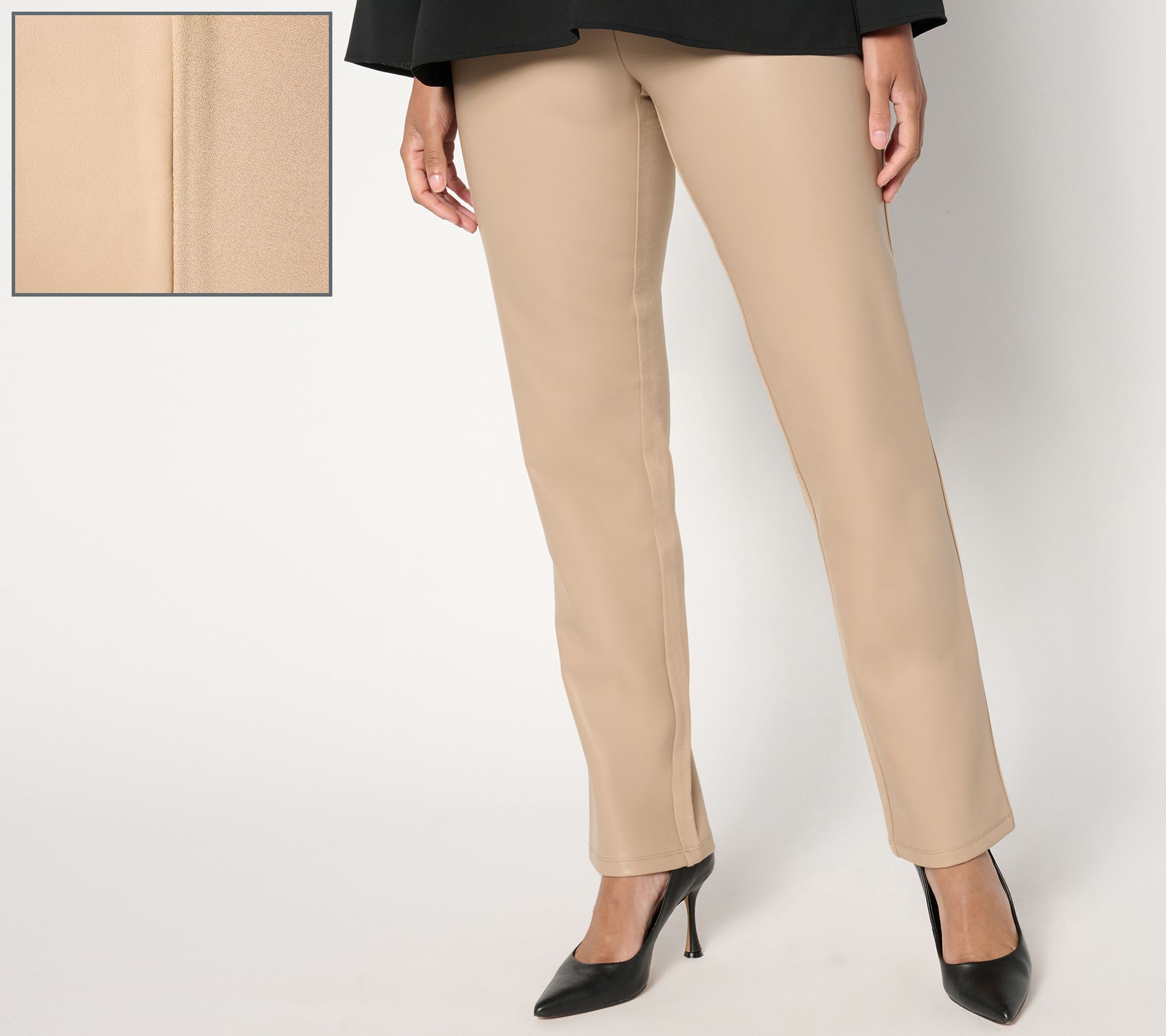 Belle by Kim Gravel Petite Faux Leather Front, Ponte Back Pant