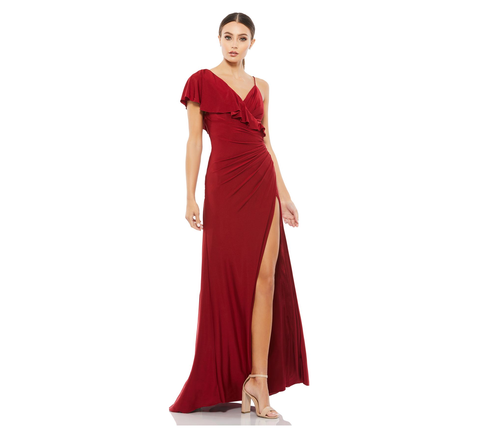 Mac Duggal Asymmetric Jersey Ruffled Cap SleeveGown - QVC.com