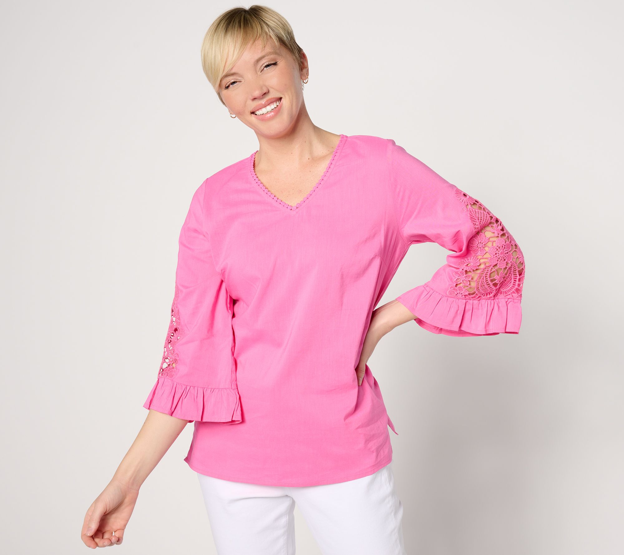 "As Is" Belle by Kim Gravel Cut to the Lace Ruffle Sleeve Woven Top
