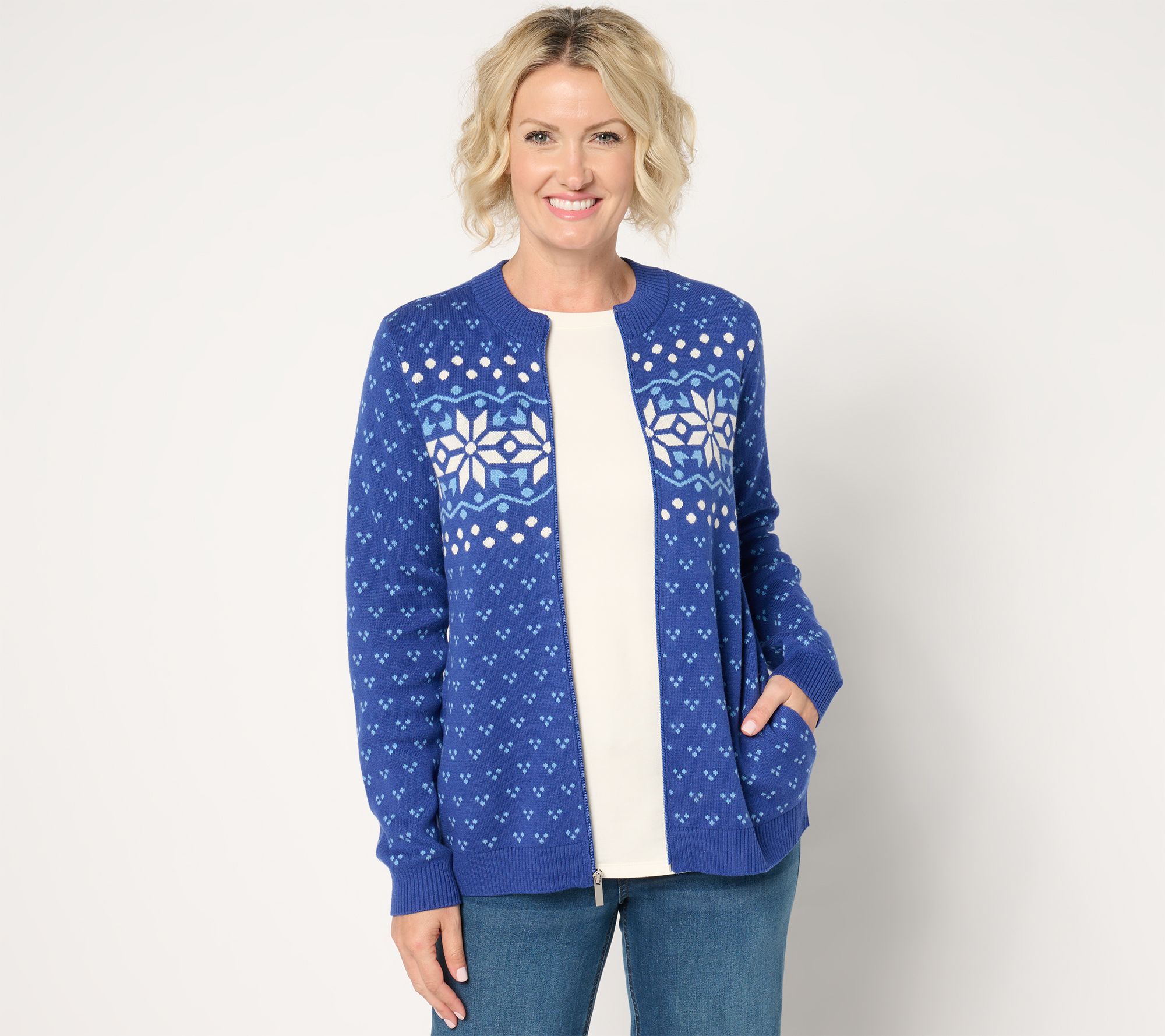 Denim & Co. Archives Zip Front Placed Motif Cardigan