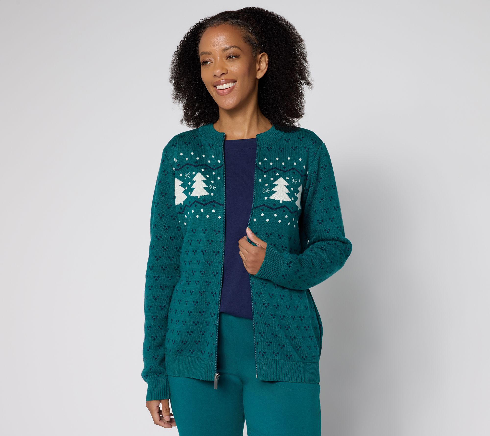 Denim & Co. Archives Zip Front Placed Motif Cardigan