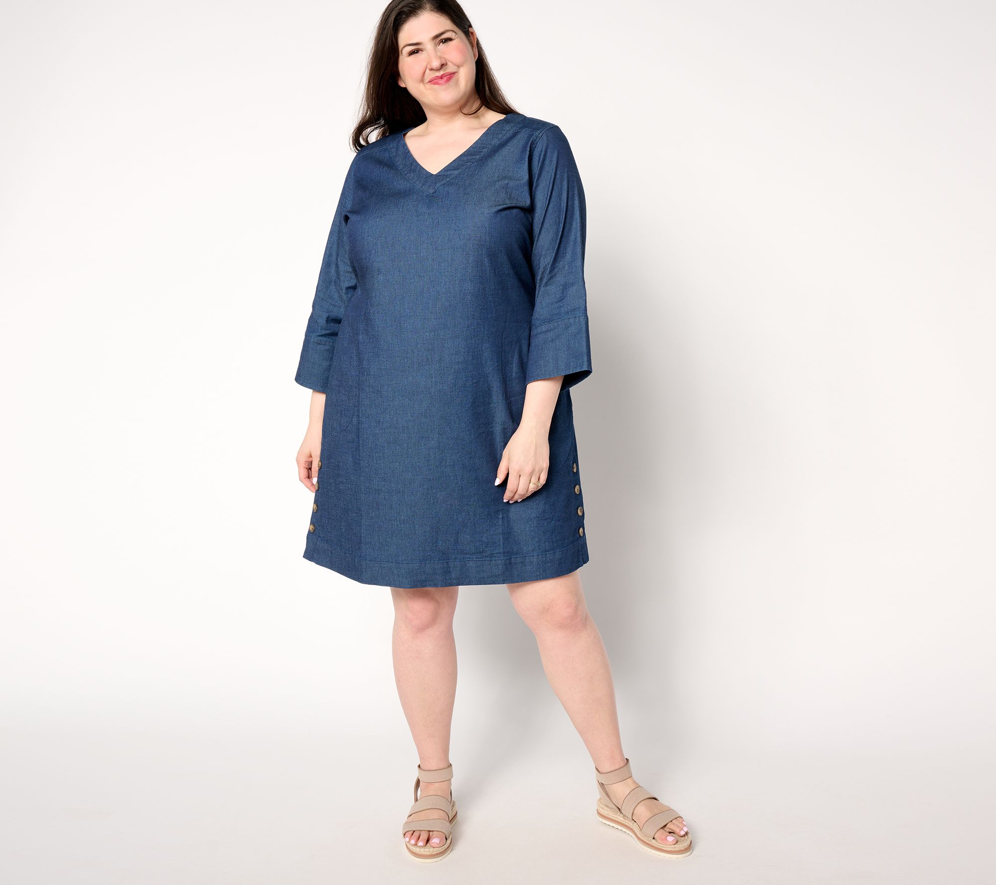 "As Is" Belle by Kim Gravel Stretch Denim V Neck Dress w/ Horn Buttons