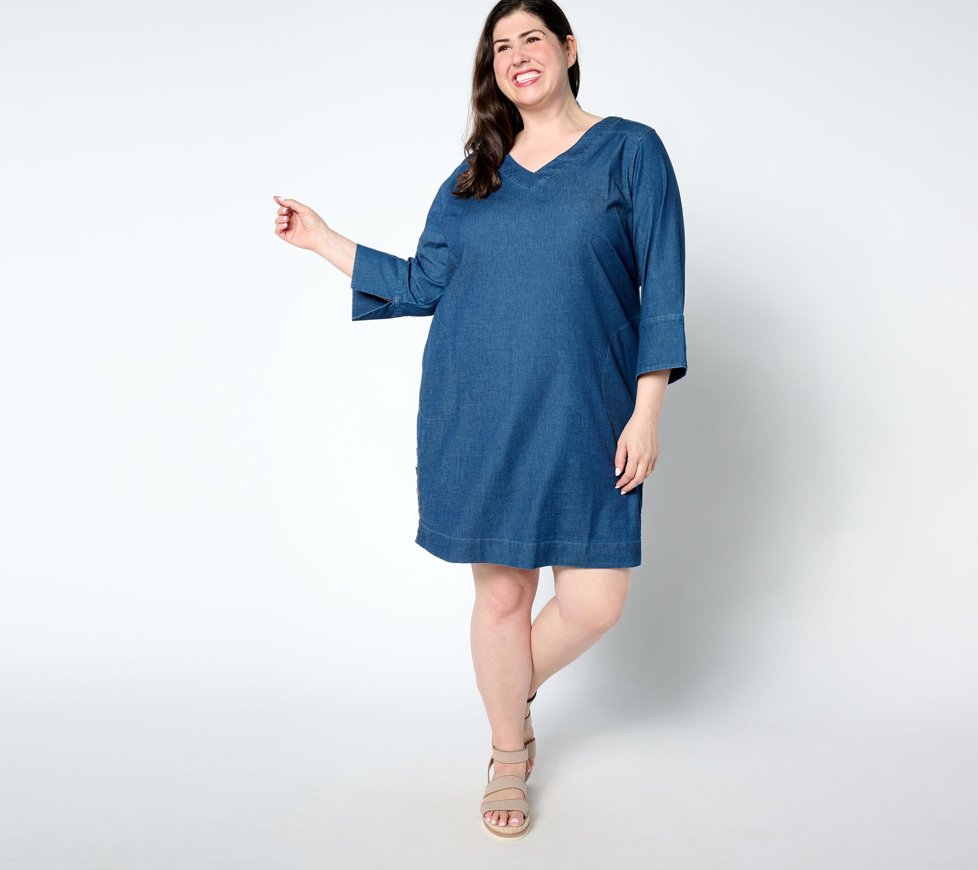 "As Is" Belle by Kim Gravel Stretch Denim V Neck Dress w/ Horn Buttons