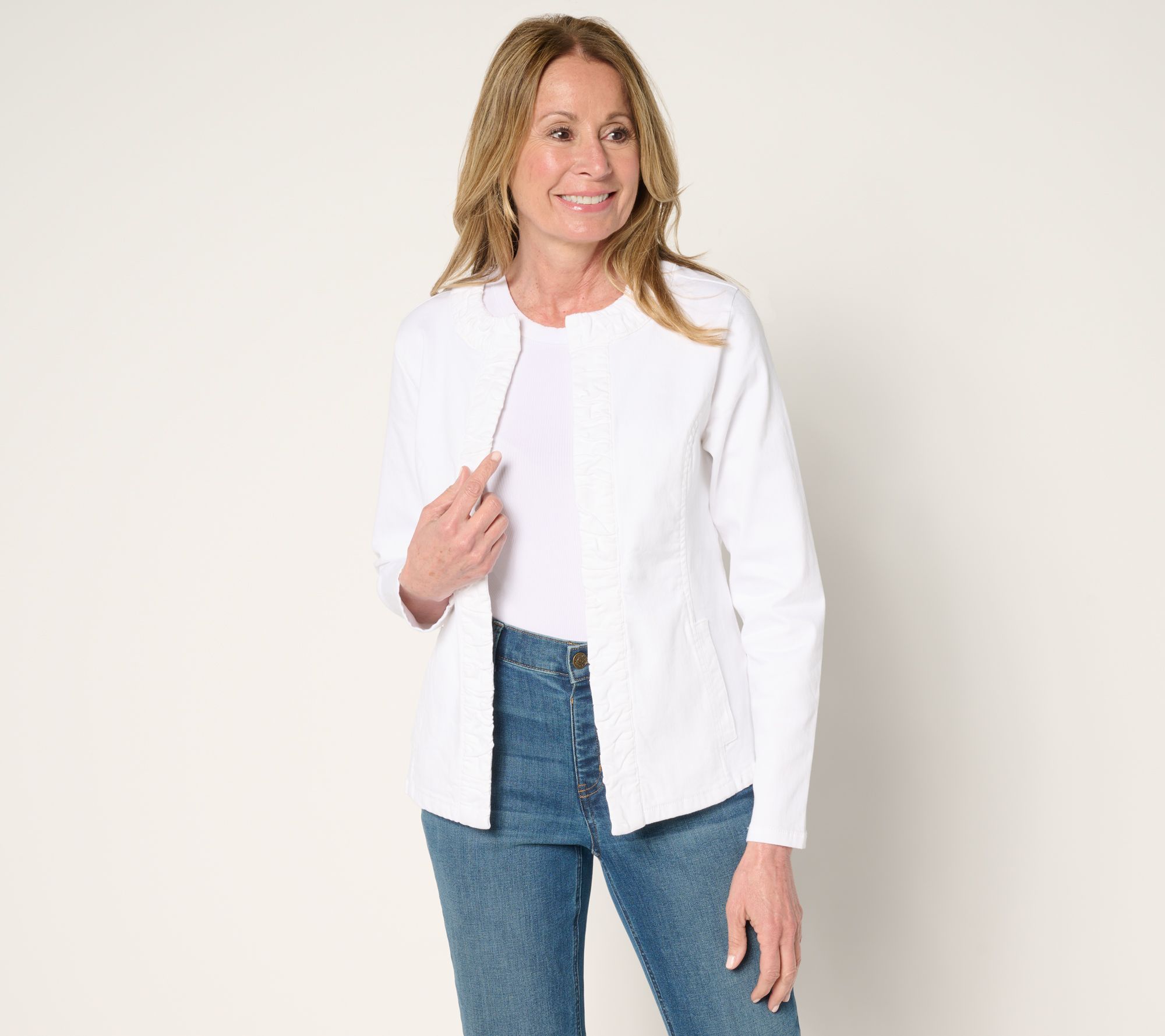 Susan Graver Ruched Front Stretch White Denim Jacket