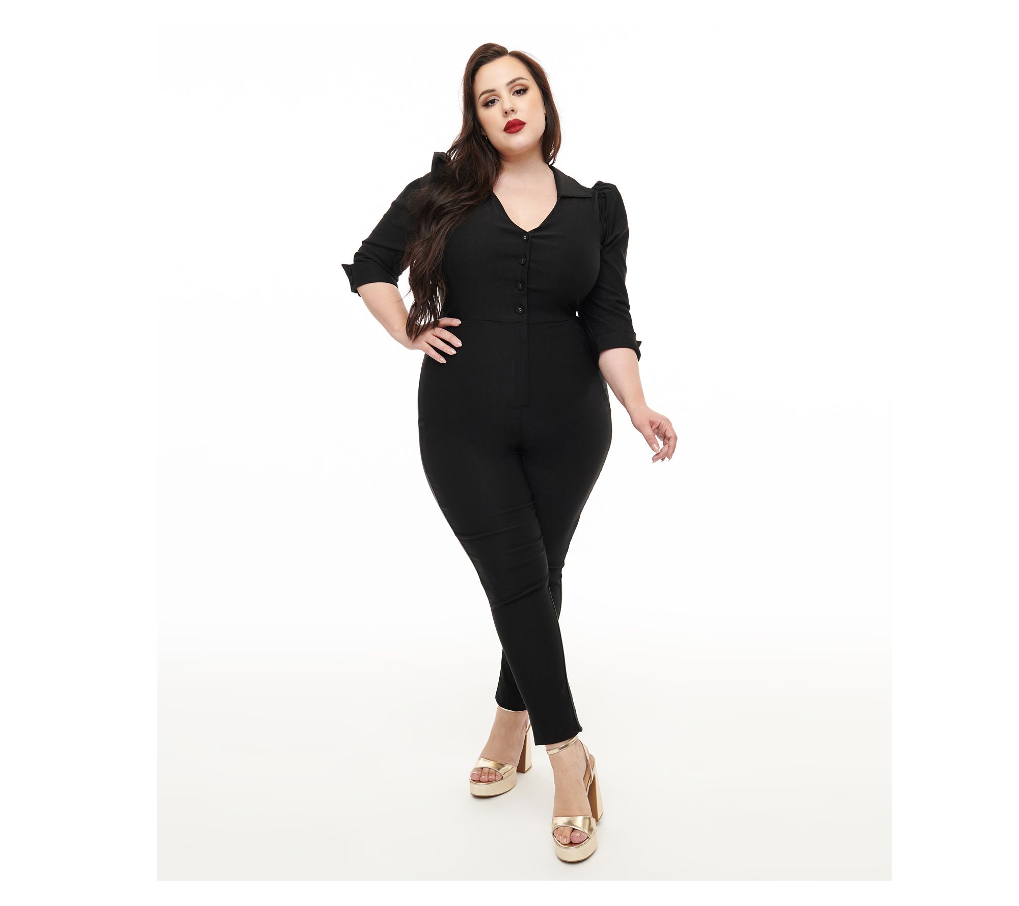 Unique Vintage V-Neck Puff Sleeve Jumpsuit