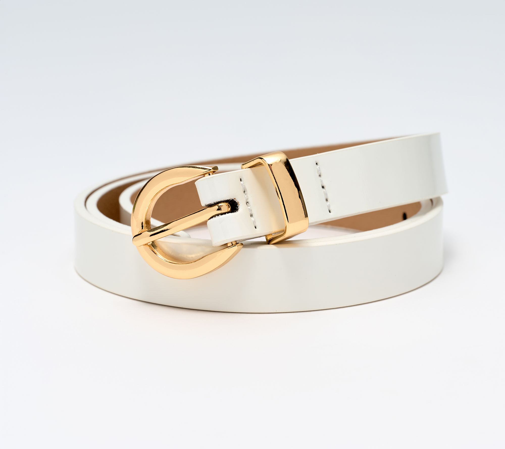 Susan Graver Faux Patent Leather Belt with Round Metal Buckle