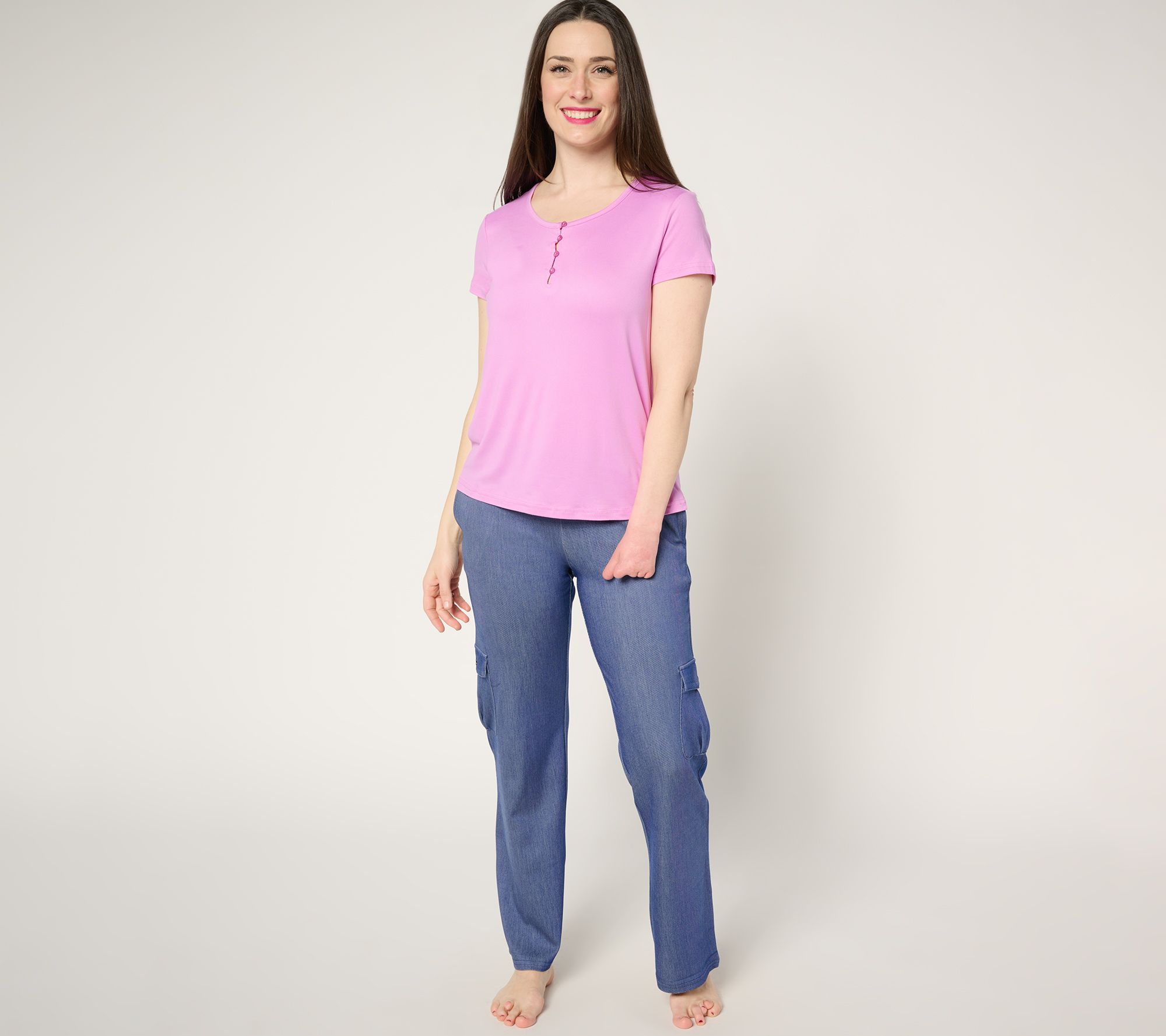 "As Is" MUK LUKS Faux Denim Cargo Pant & Cloud Knit Tee Lounge Set