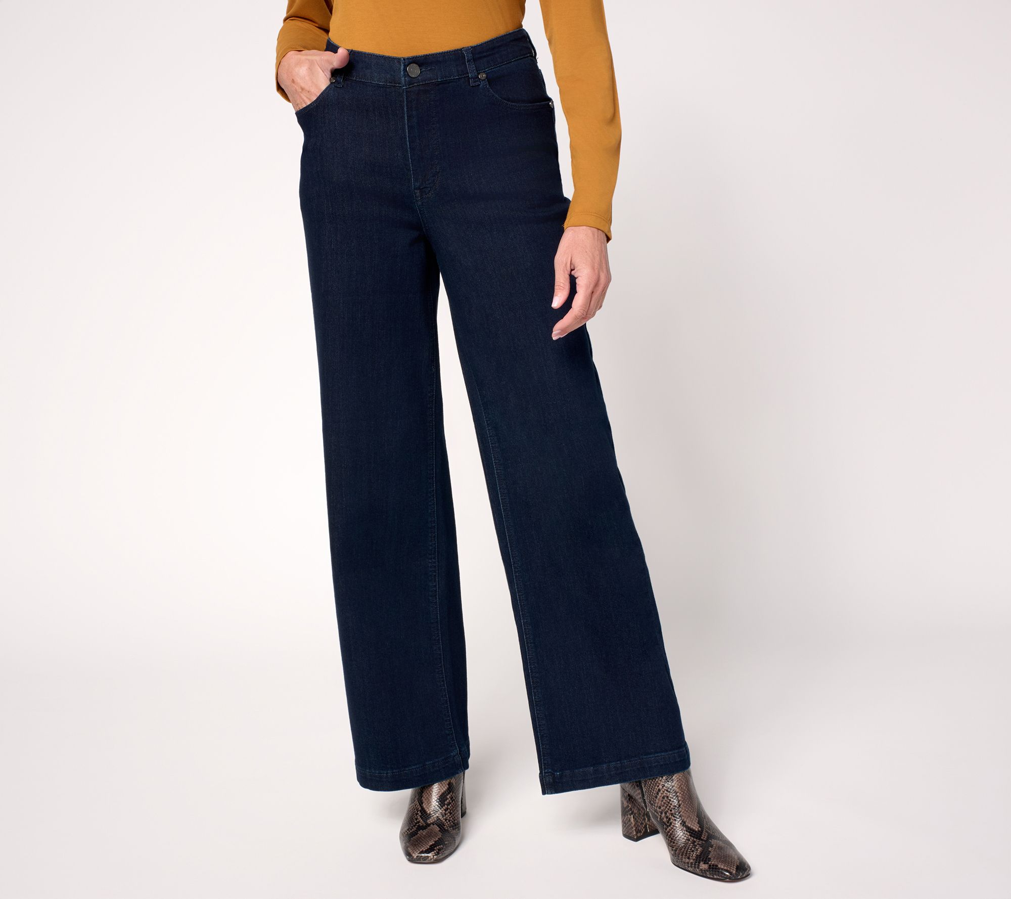 Susan Graver Petite Stretch Denim Wide Leg Pant - Indigo