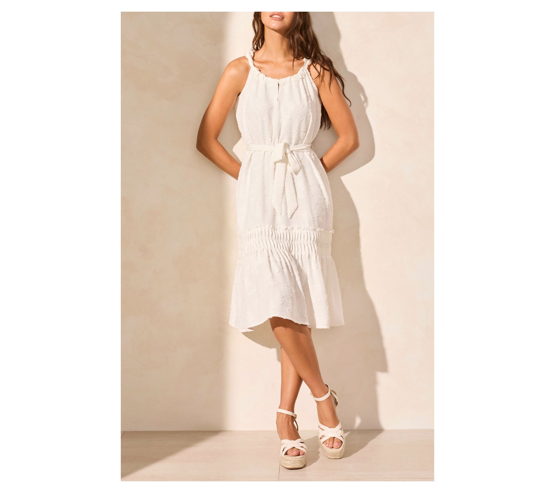 Tribal Tie-Front Pleated Sleeveless Scoop NeckDress