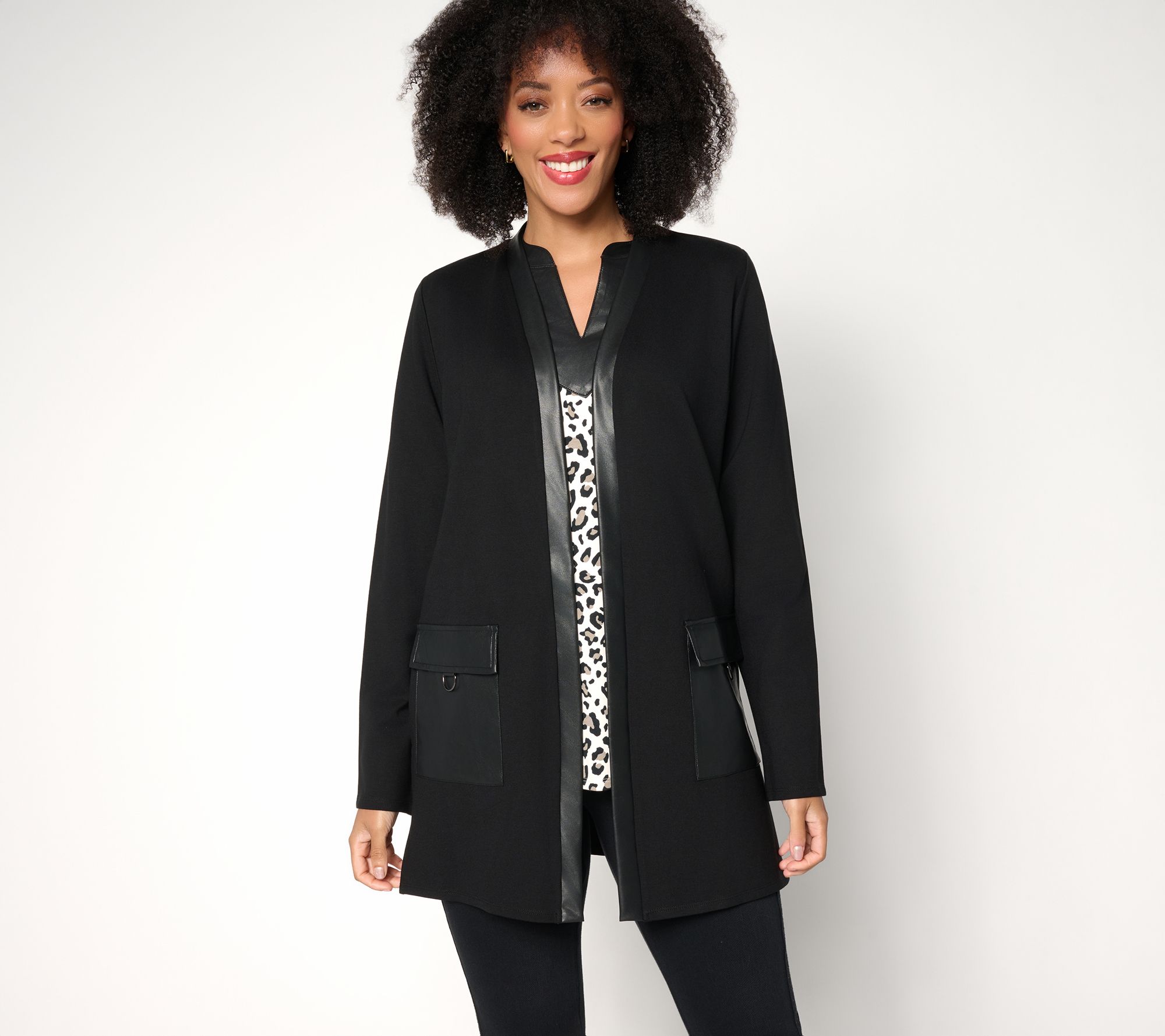 Belle by Kim Gravel Petite Ponte Duster with Faux Leather Trim