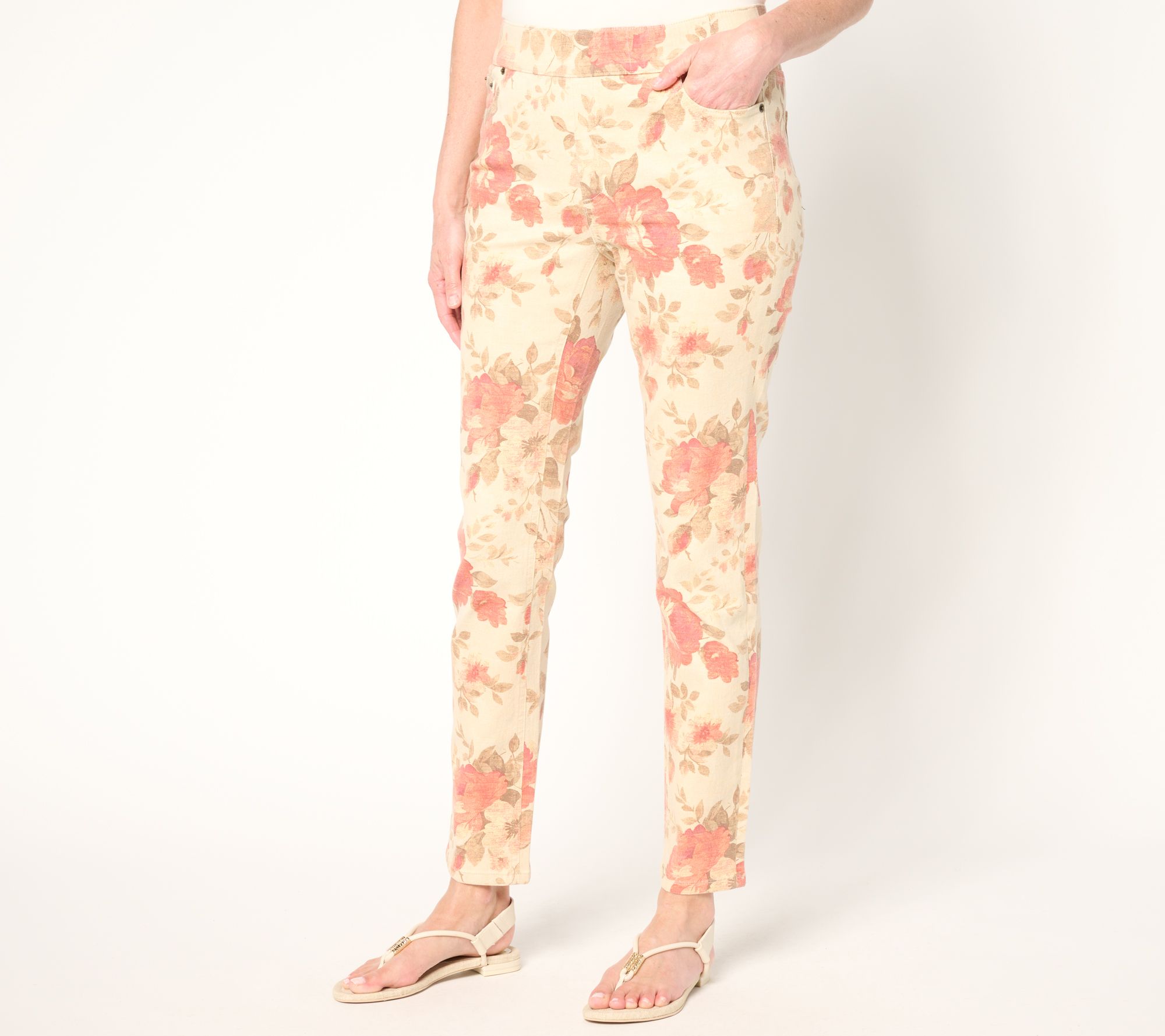 "As Is" Denim & Co. Pet Print Floral Classic Stretch Ankle Jeans