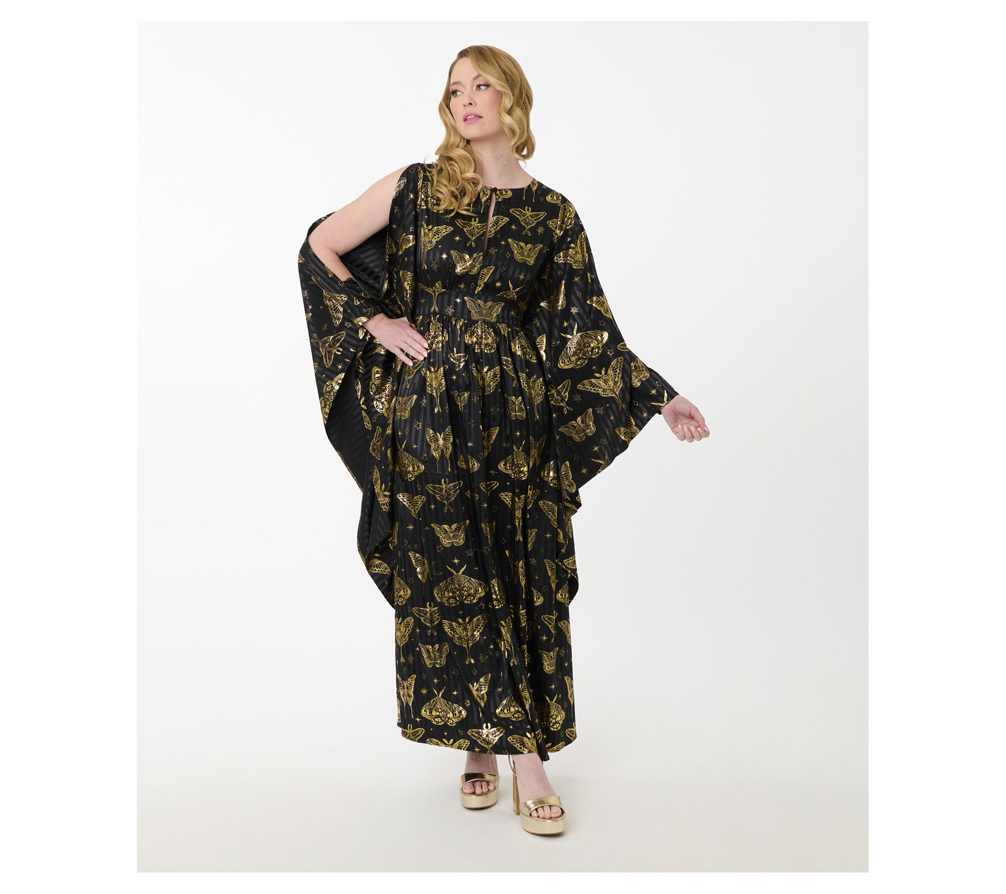 Unique Vintage Black & Gold Moth Flutter SleeveCaftan