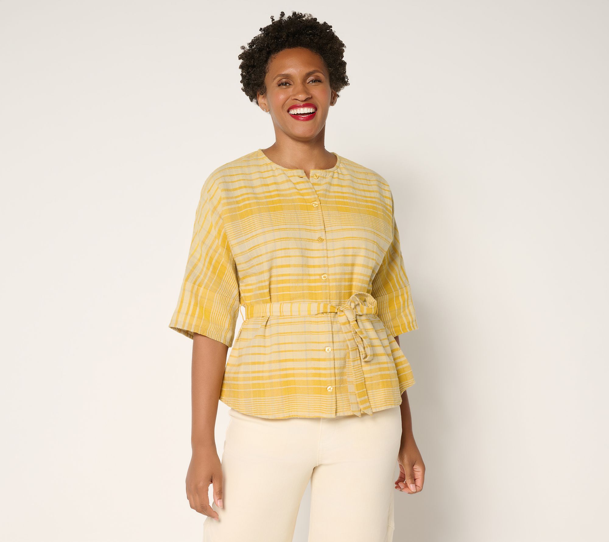 "As Is" Me by Jennie Garth Laurel Plaid Blouse with Self Belt