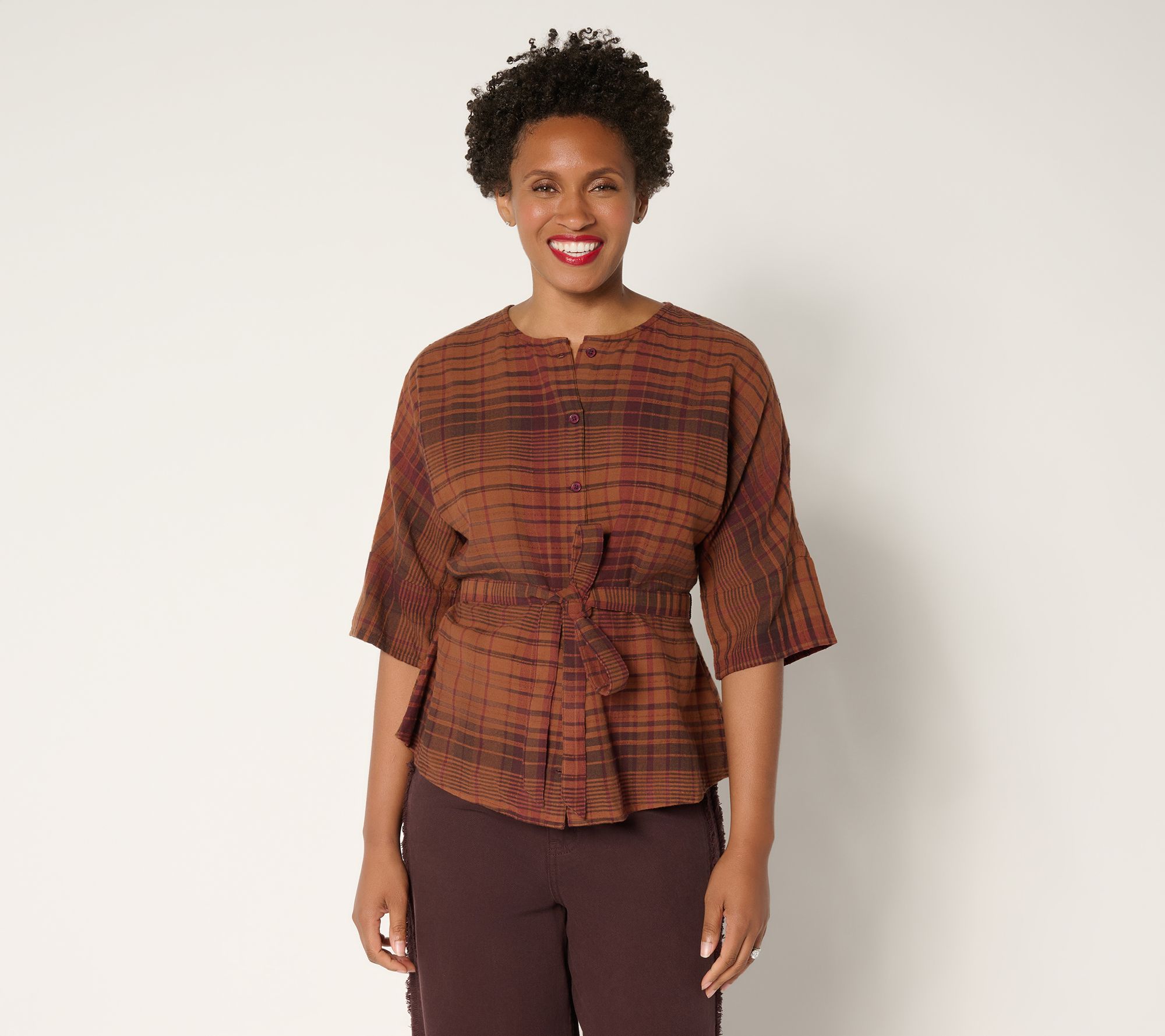 "As Is" Me by Jennie Garth Laurel Plaid Blouse with Self Belt