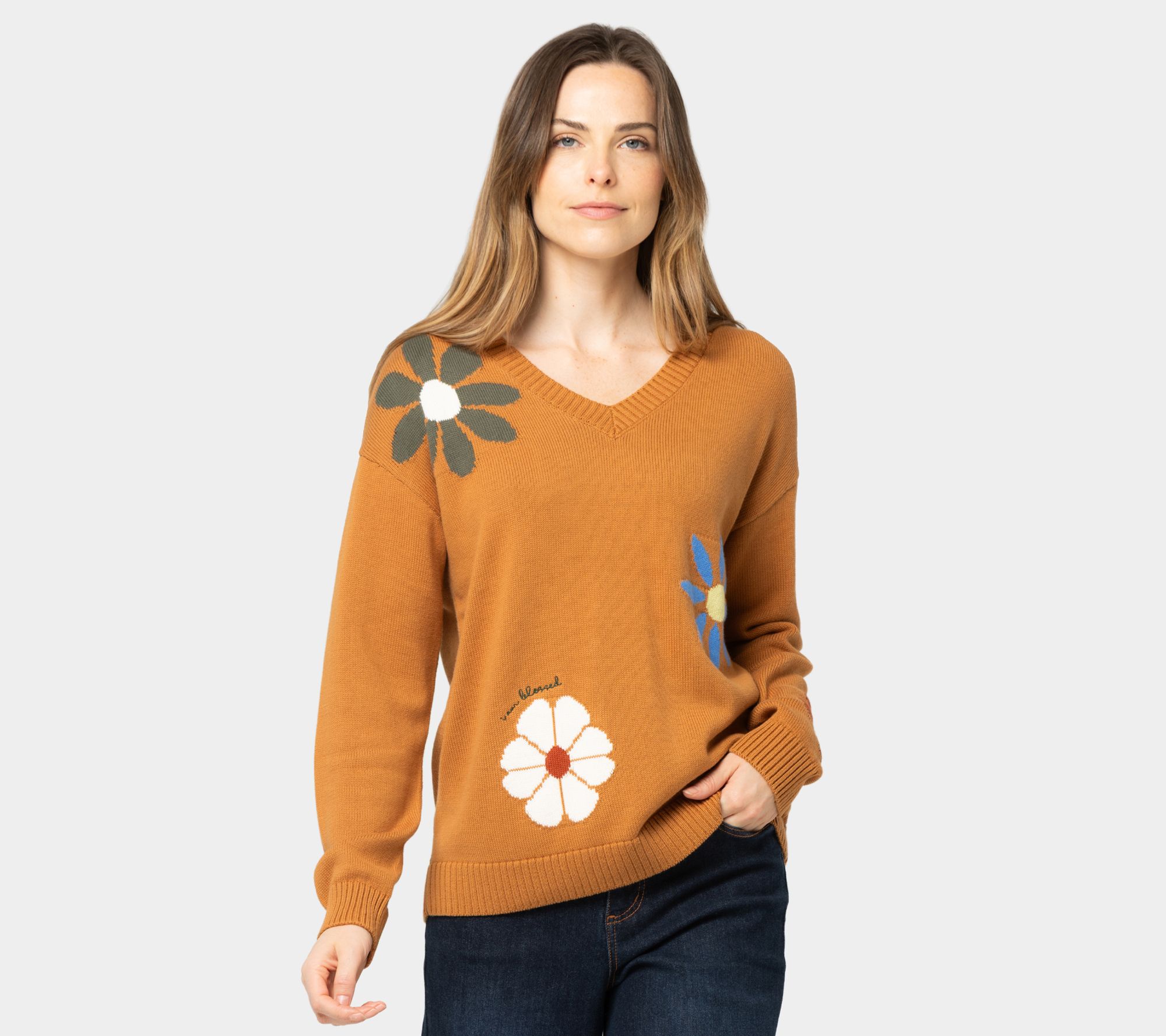  Peace Love World Garden Party Motif Cotton V-Neck Sweater