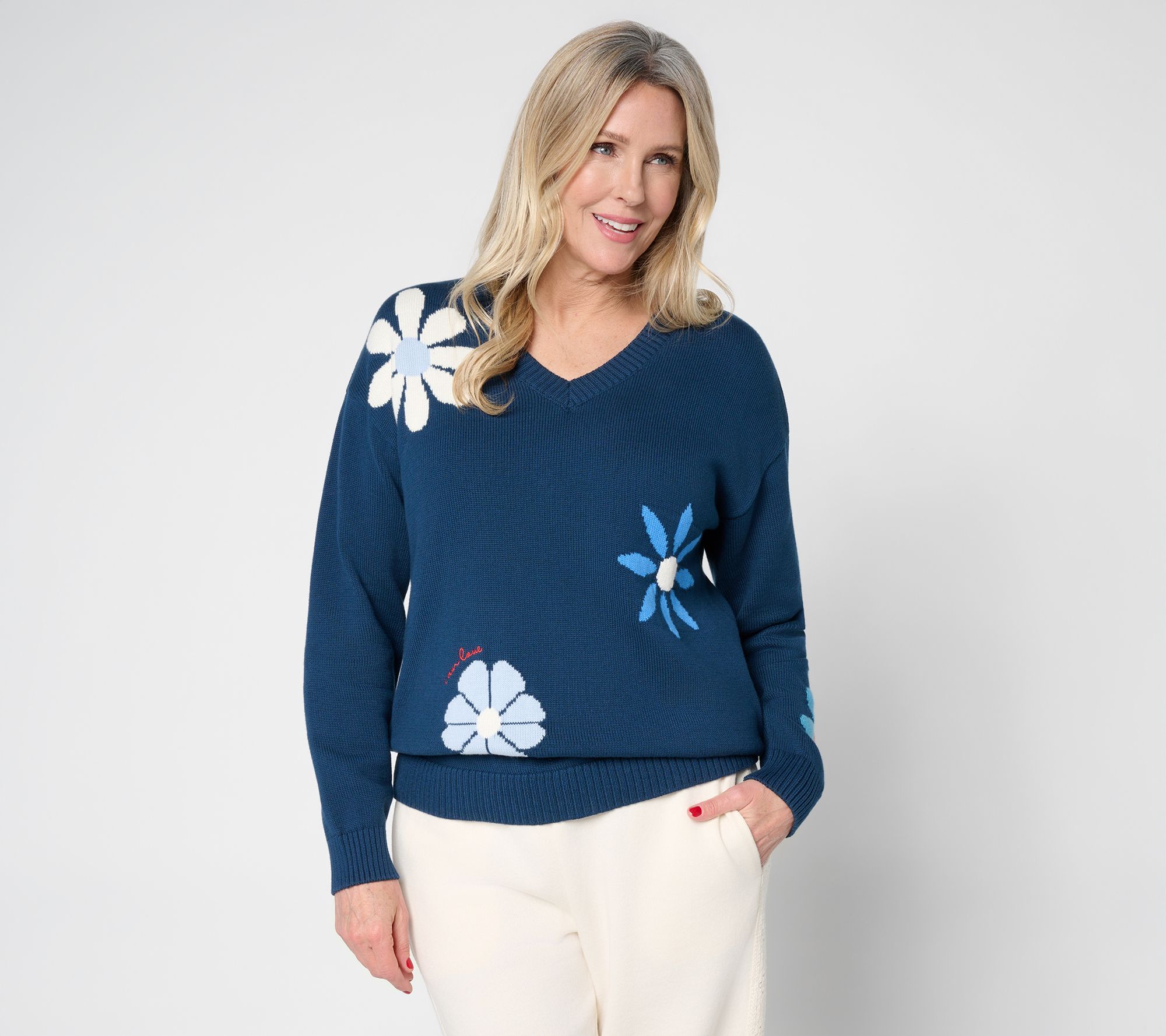 Peace Love World Garden Party Motif Cotton V-Neck Sweater