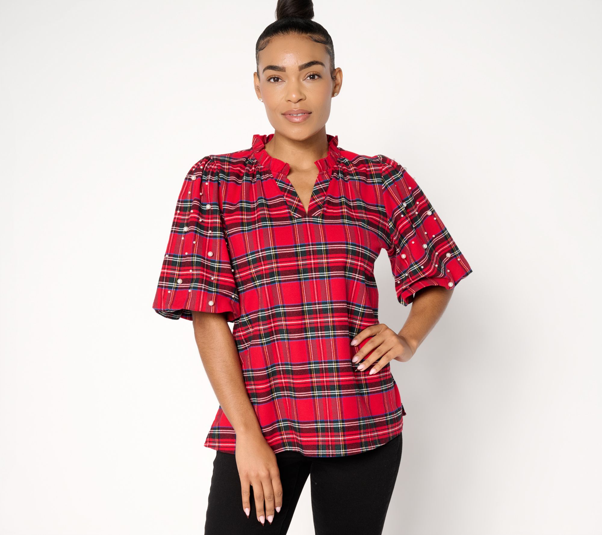 "As Is" Jingle Belles by Kim Gravel Stretch Tartan Pearl Trimmed Top