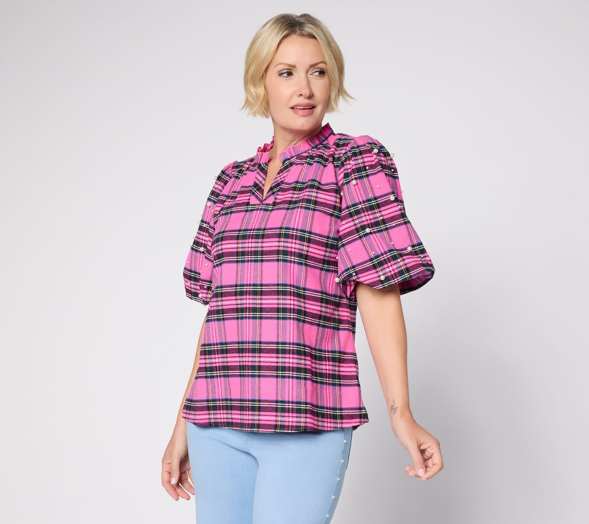 "As Is" Jingle Belles by Kim Gravel Stretch Tartan Pearl Trimmed Top