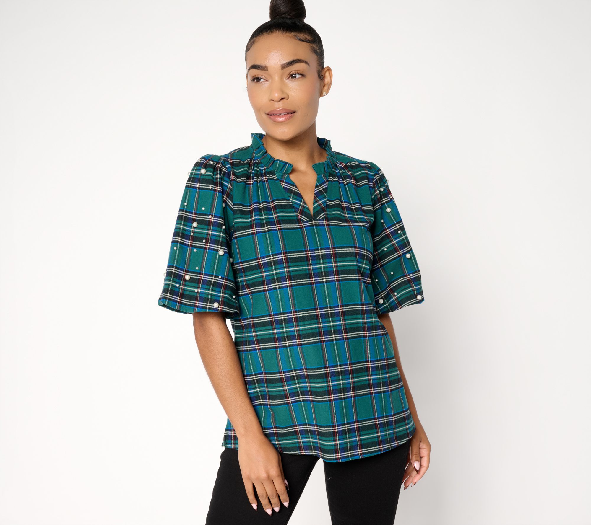 "As Is" Jingle Belles by Kim Gravel Stretch Tartan Pearl Trimmed Top