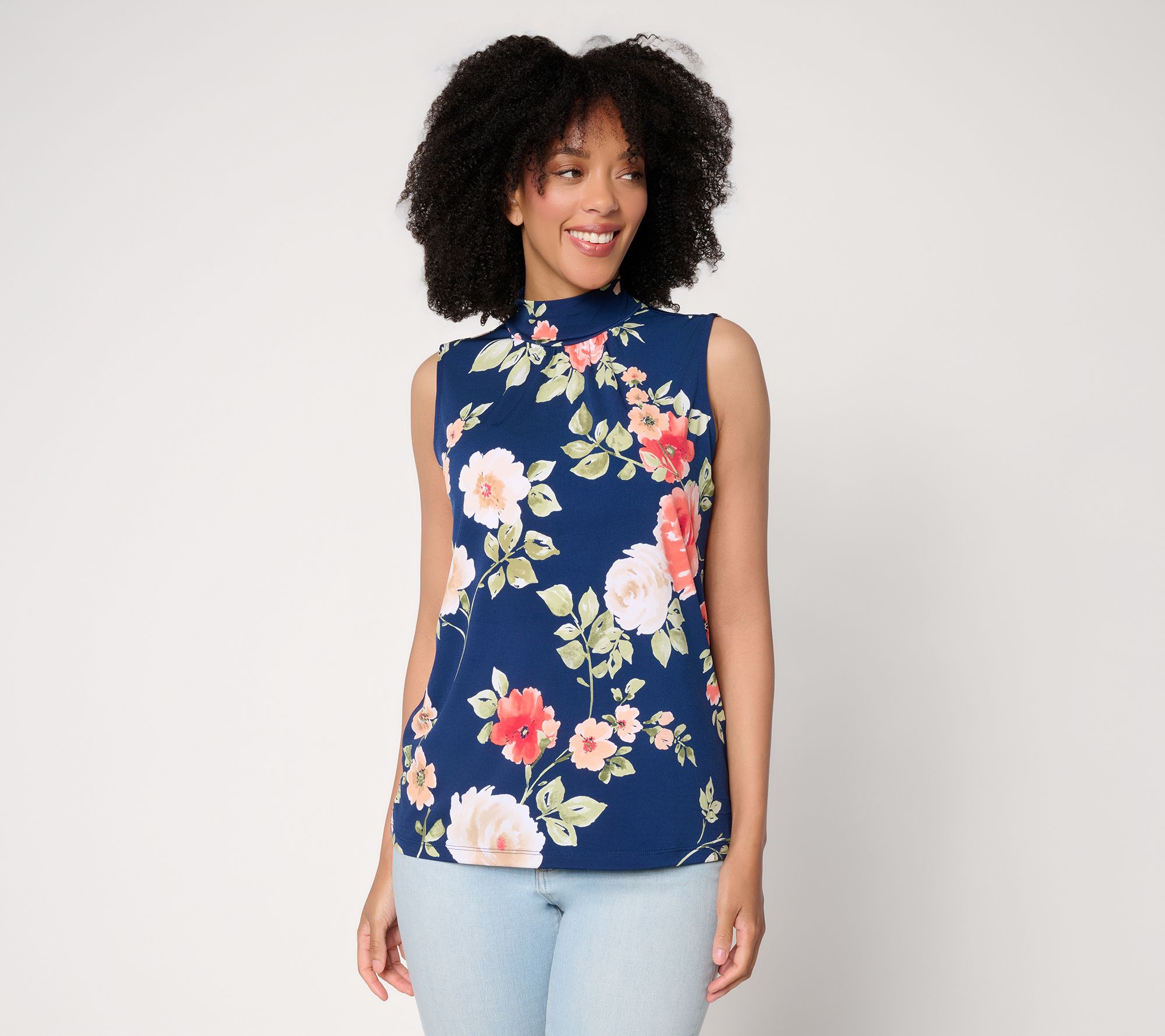 Susan Graver Printed Liquid Knit Sleeveless Mock Neck Top