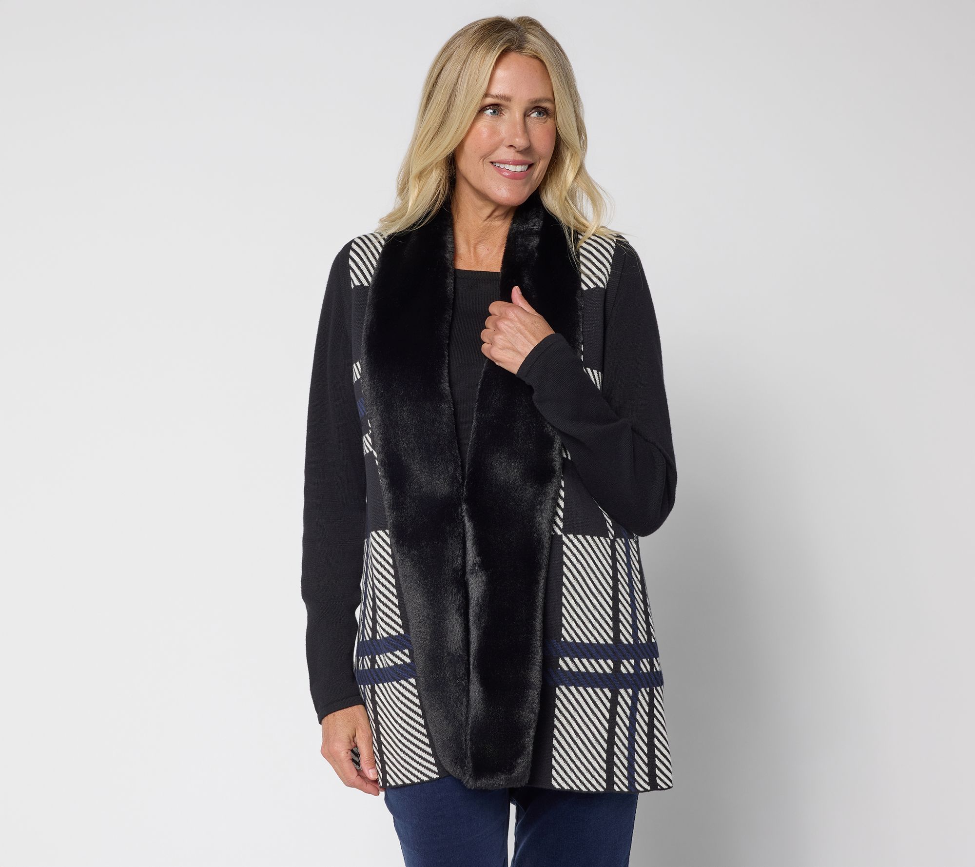 "As Is" Denim & Co. Jacquard Plaid Faux Fur Trim Vest