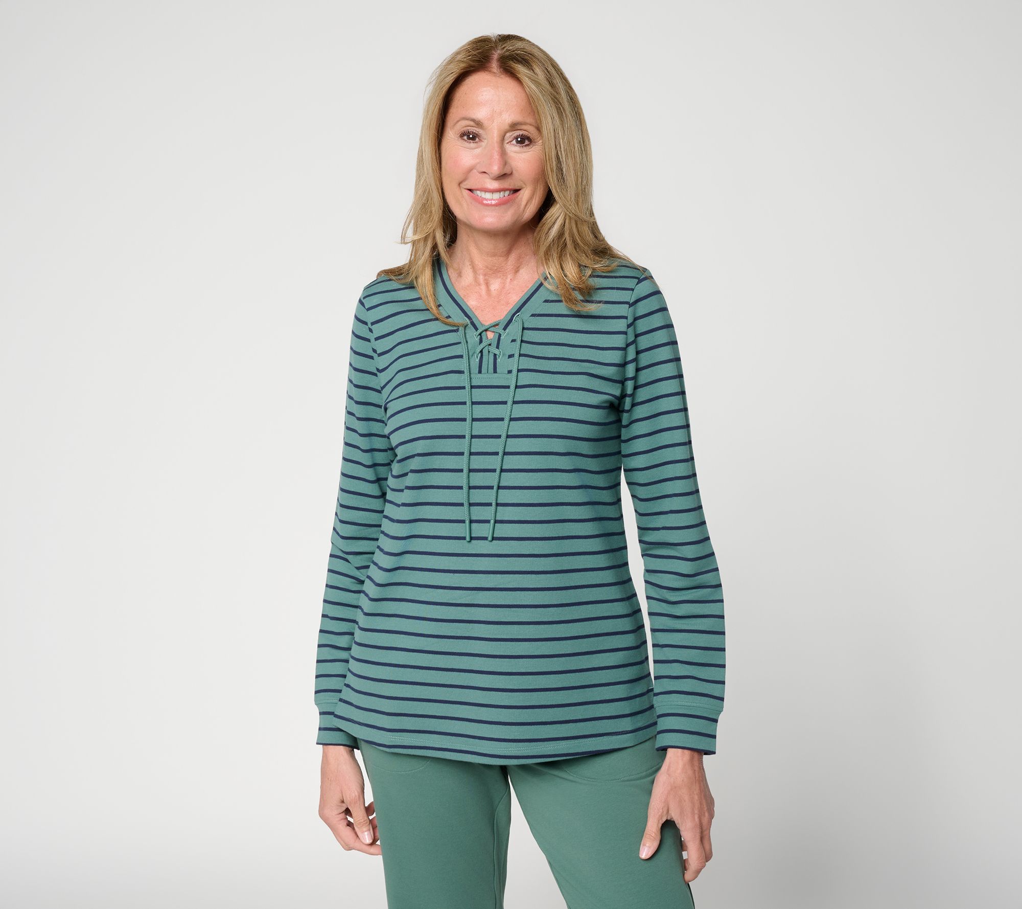  ニットトップ ミネラルグリーン Denim & Co. Active Yarn Dye Stripe French Terry Lace Up Top - QVC.com