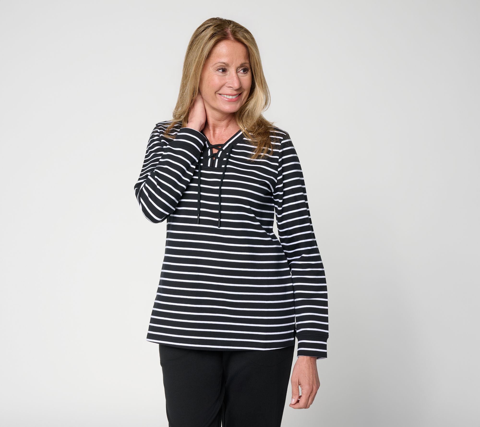 Denim & Co. Active Yarn Dye Stripe French Terry Lace Up Top
