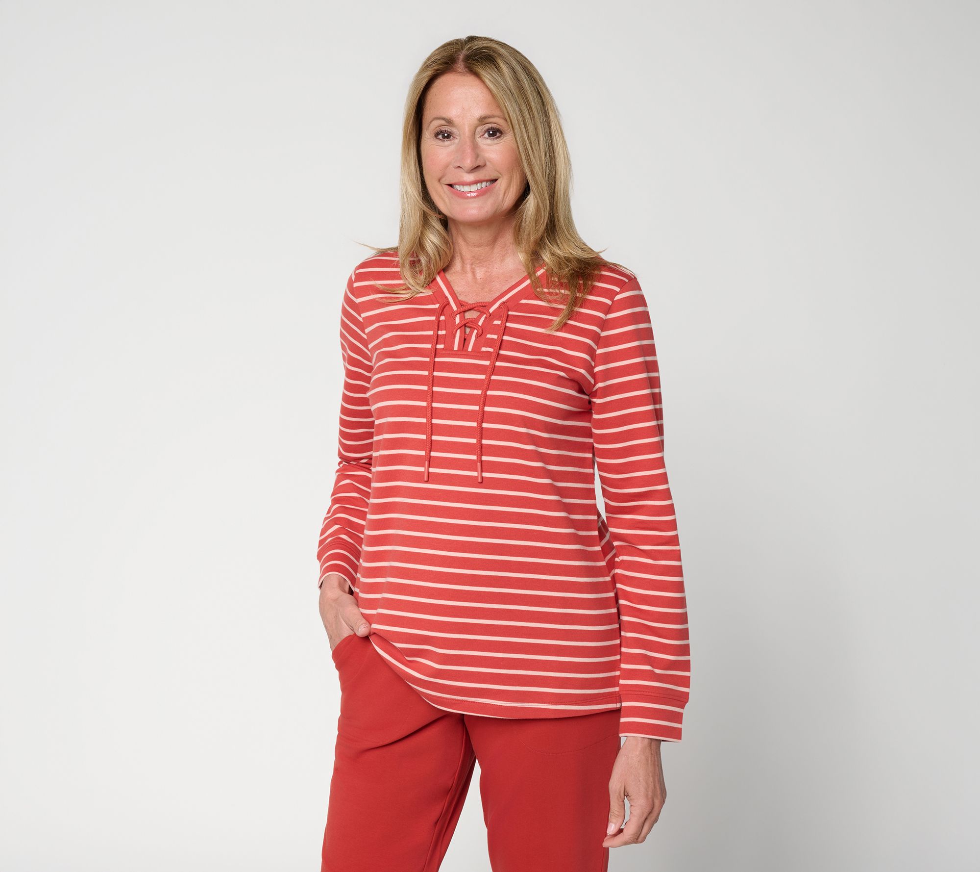 Denim & Co. Active Yarn Dye Stripe French Terry Lace Up Top