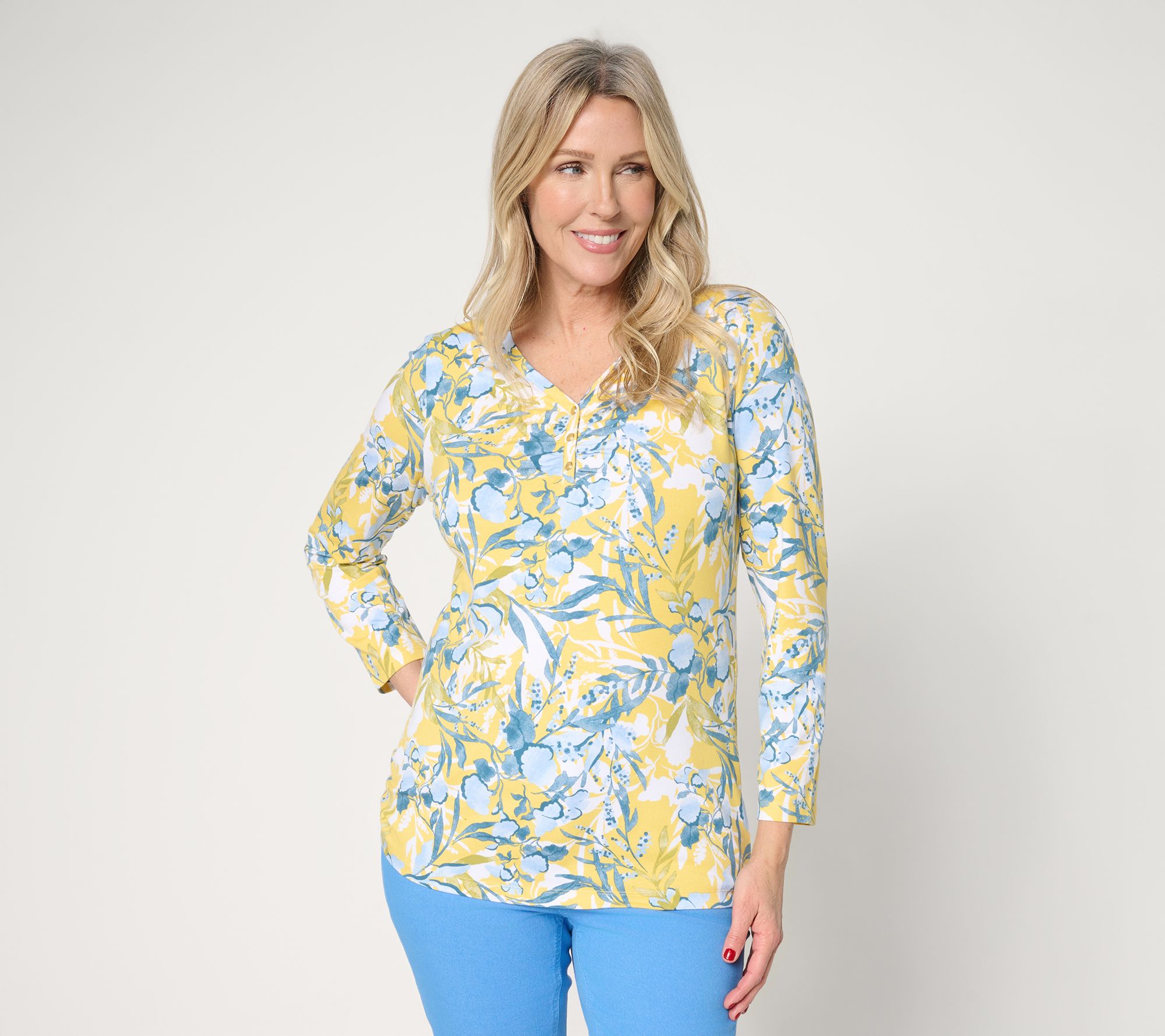 "As Is" Denim & Co. So Soft Jersey Bracelet Slv Sweetheart NeckPrinted Top