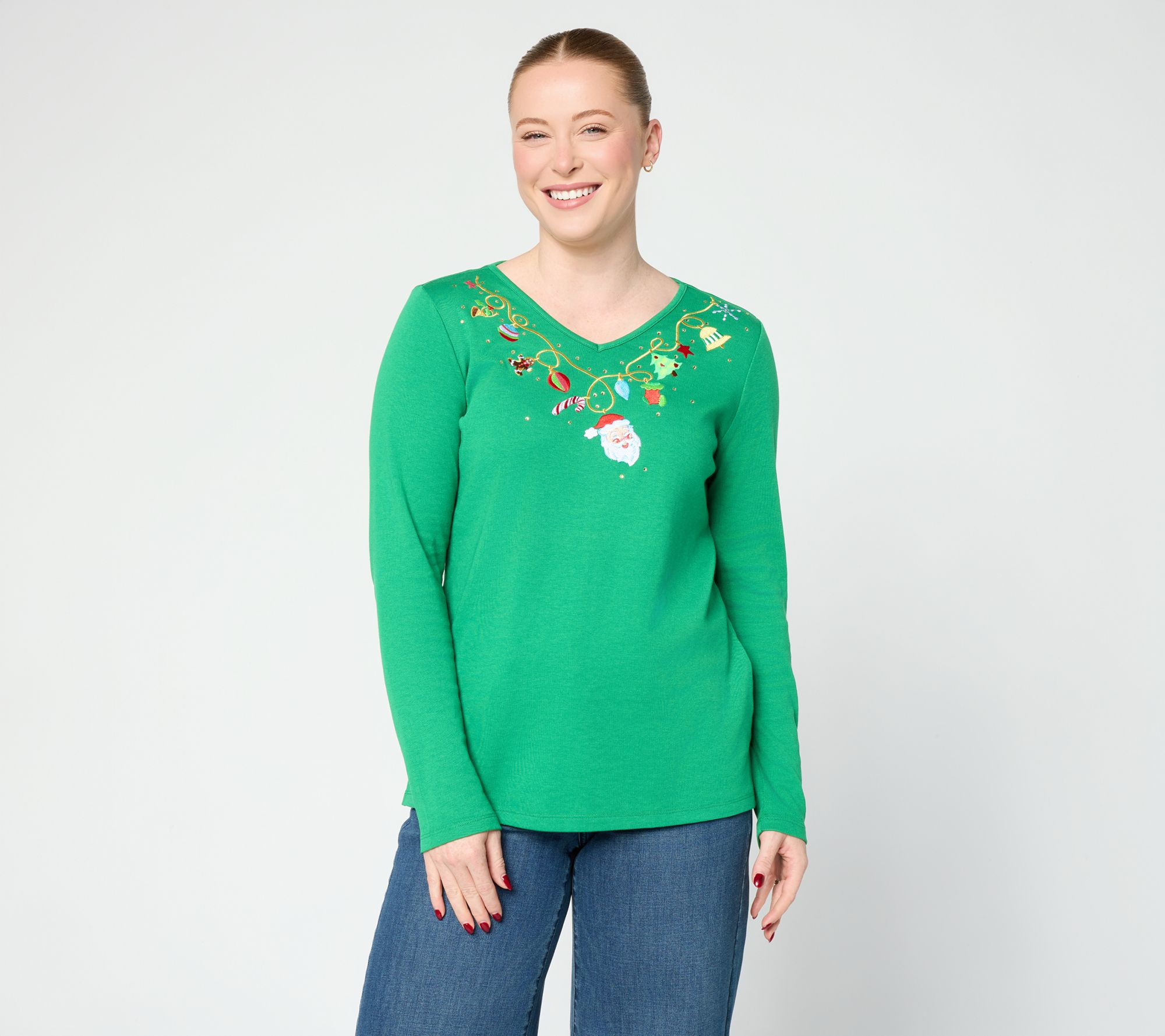 Quacker Factory Holi-daze Sparkle V Neck Long Sleeve Top